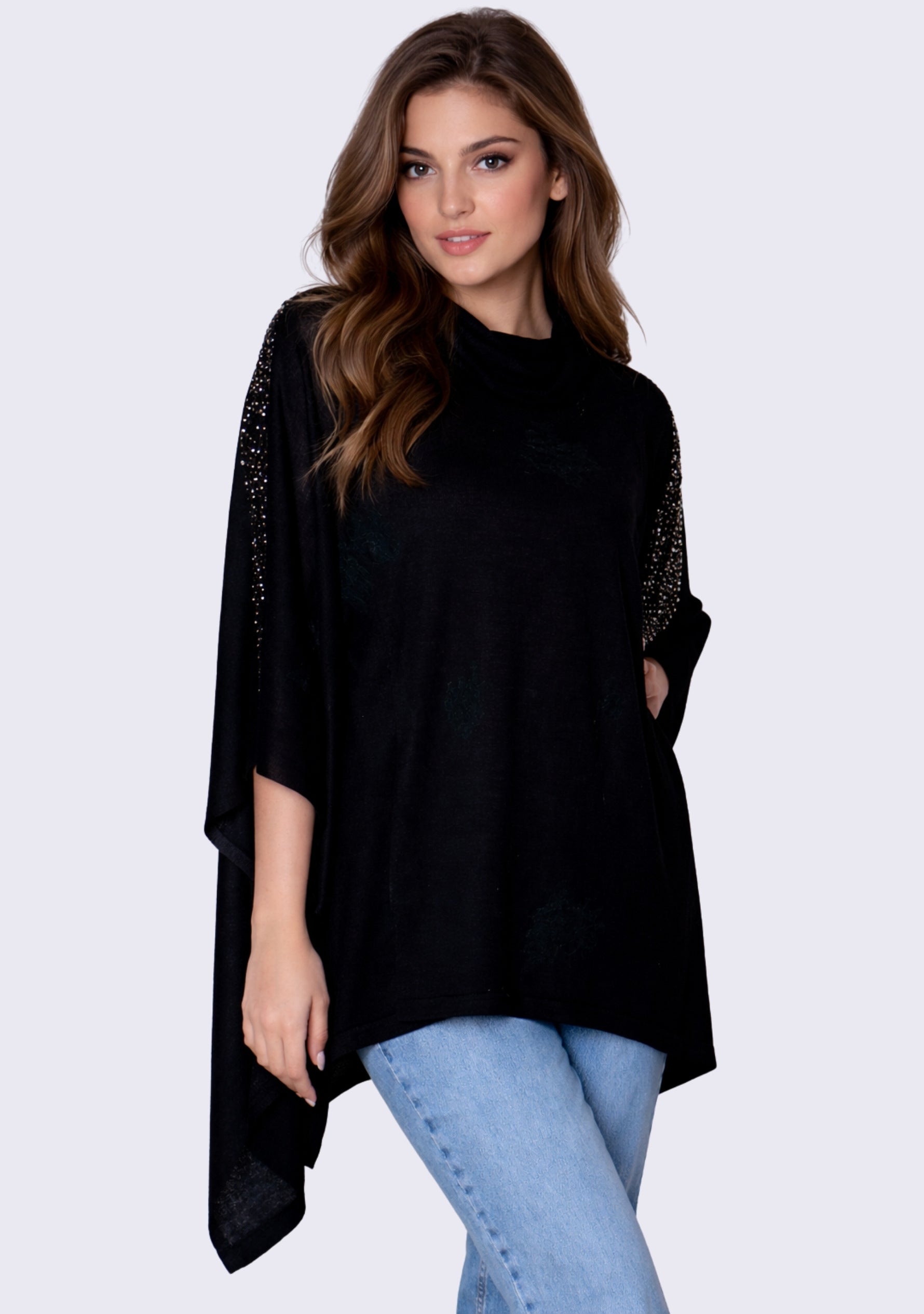 Black Bamboo Poncho Black Lace & Multi-Colored Crystals