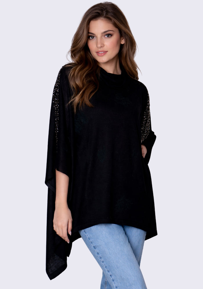 Black Bamboo Poncho Black Lace & Multi-Colored Crystals