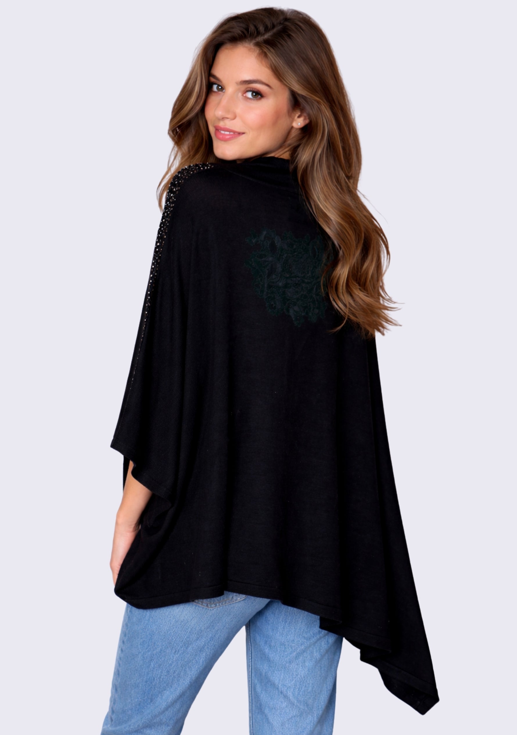 Black Bamboo Poncho Black Lace & Multi-Colored Crystals