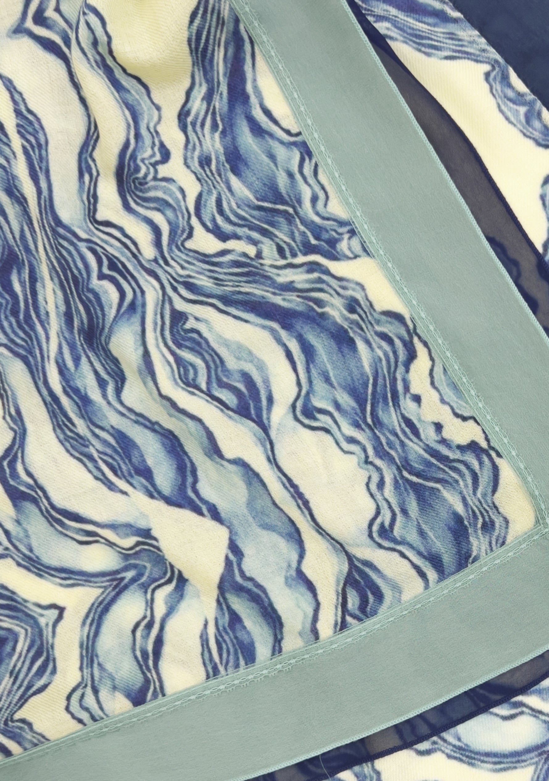 Blue Abstract Print Wool & Silk Scarf Navy Blue & Sea Green Double Georgette and Filigree Lace Border