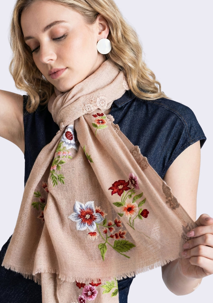Lt. Copper Cashmere Scarf Multi-colored Embroidery & Lt. Copper Lace