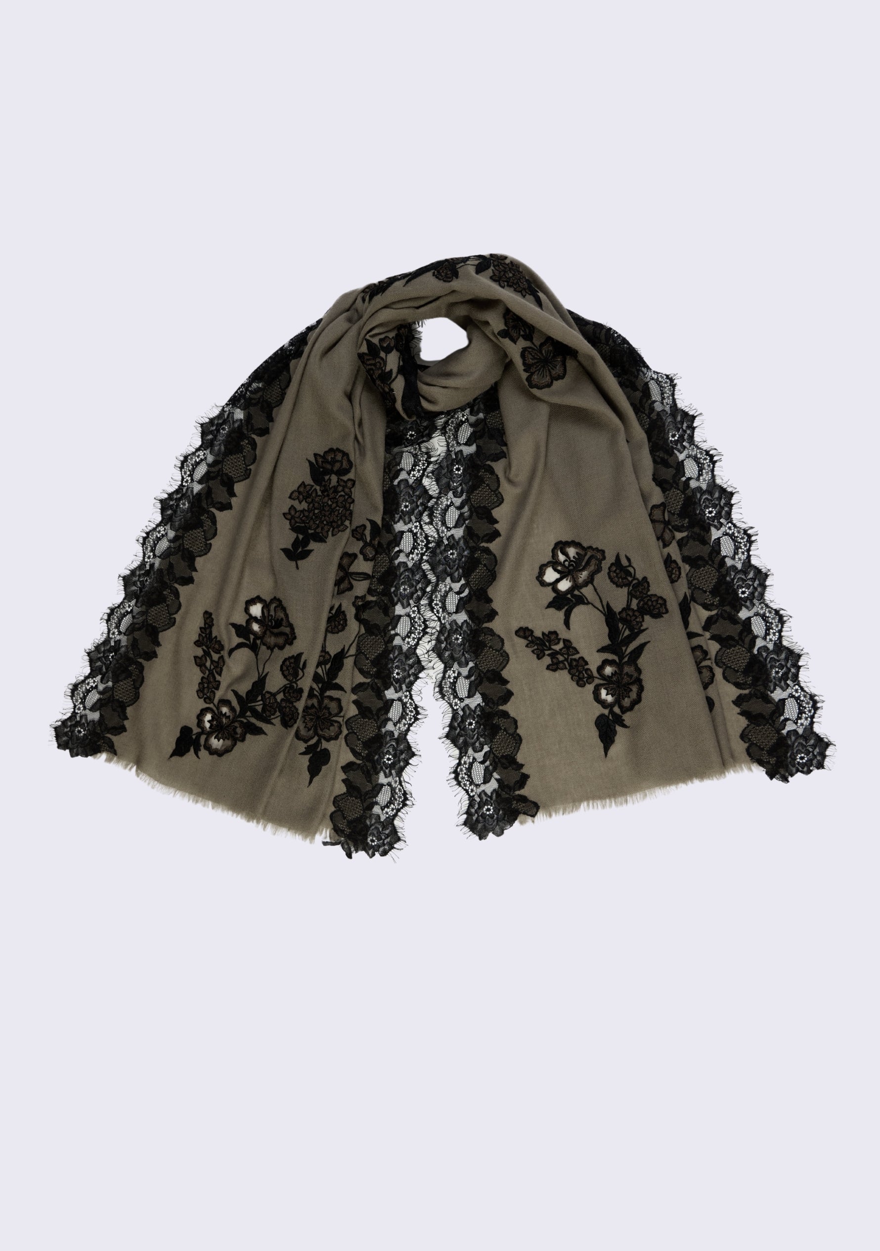 Taupe Cashmere Scarf Black & Taupe Floral Embroidery & Black Filigree Lace
