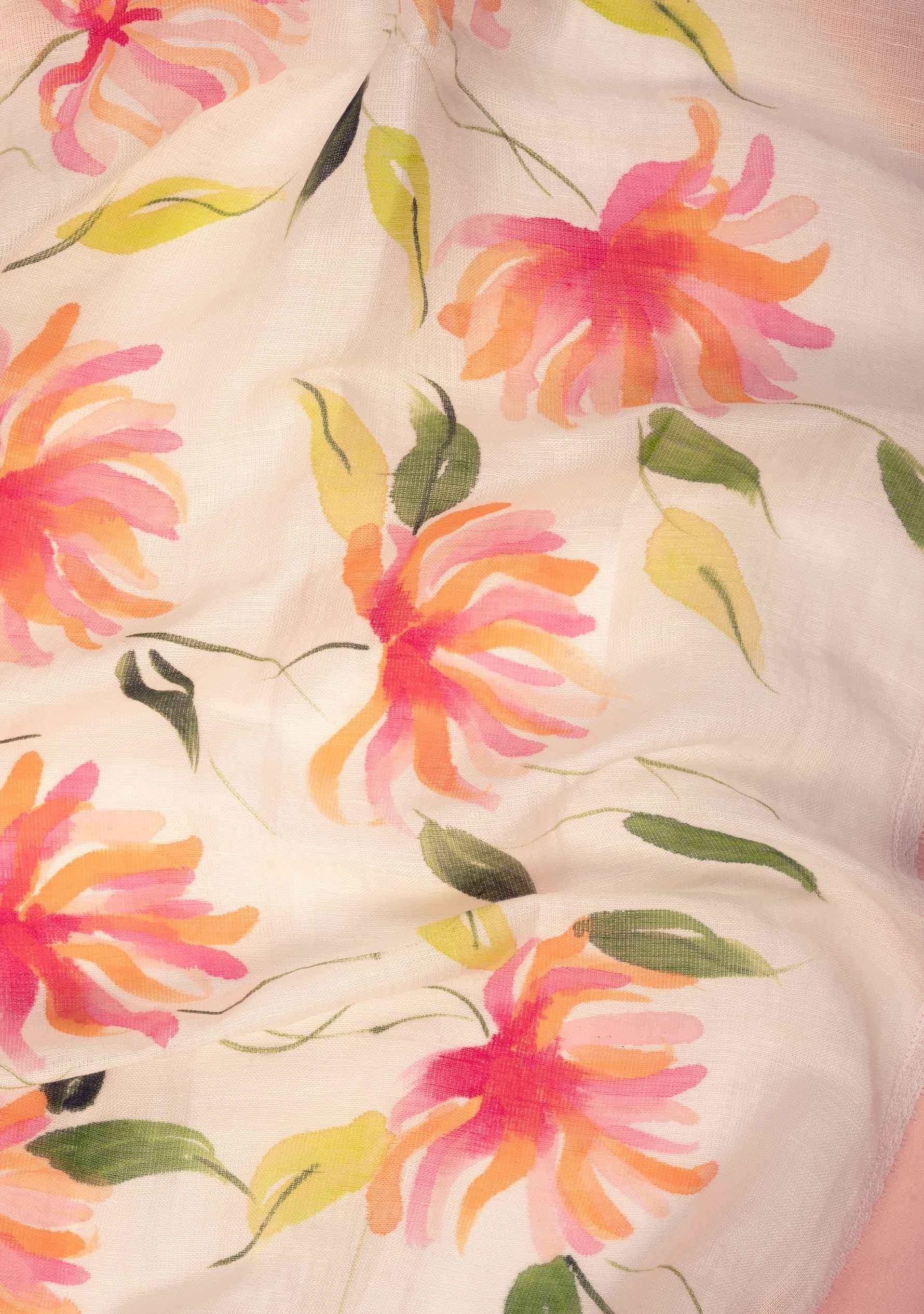 Ivory Linen & Modal Scarf Hand-Painted, Border & Lace Trim