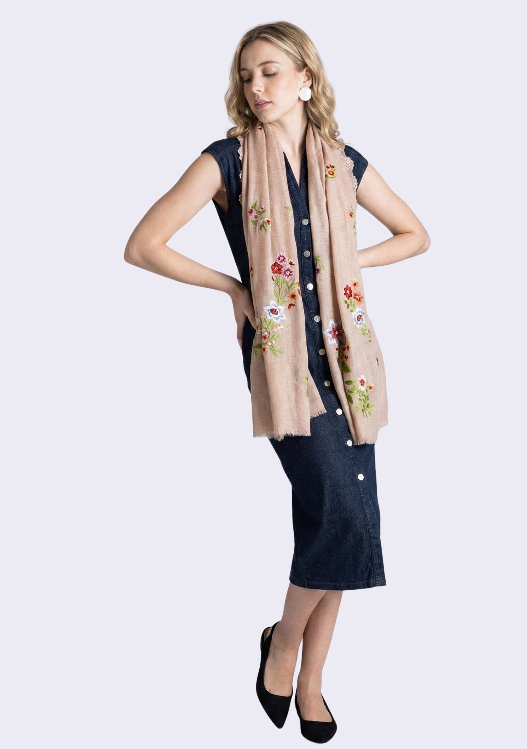 Lt. Copper Cashmere Scarf Multi-colored Embroidery & Lt. Copper Lace