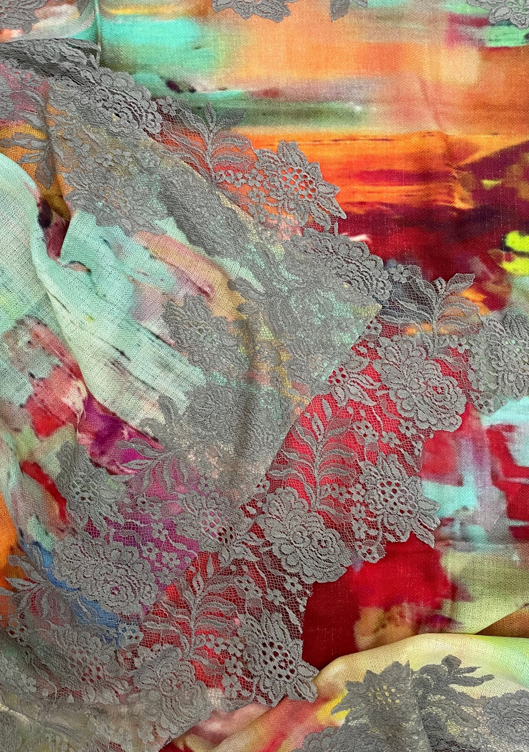 Abstract Multi-colored Print Wool & Silk Scarf Mousse Lace