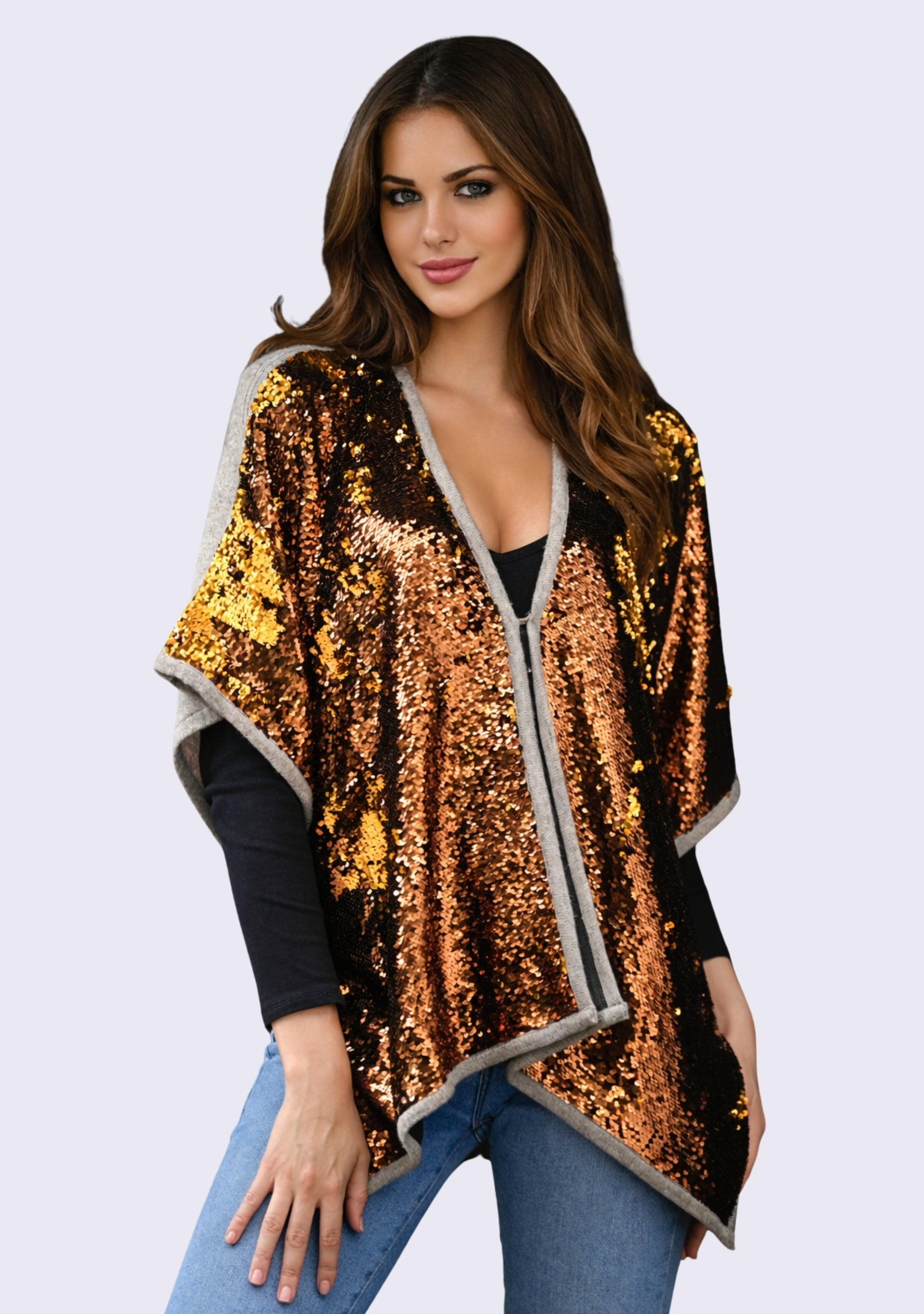 Copper Gold Sequin & Taupe Melange Wool Cape