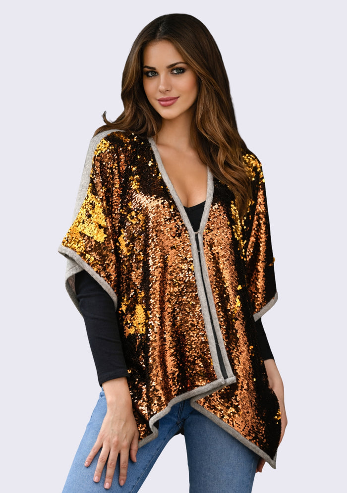 Copper Gold Sequin & Taupe Melange Wool Cape
