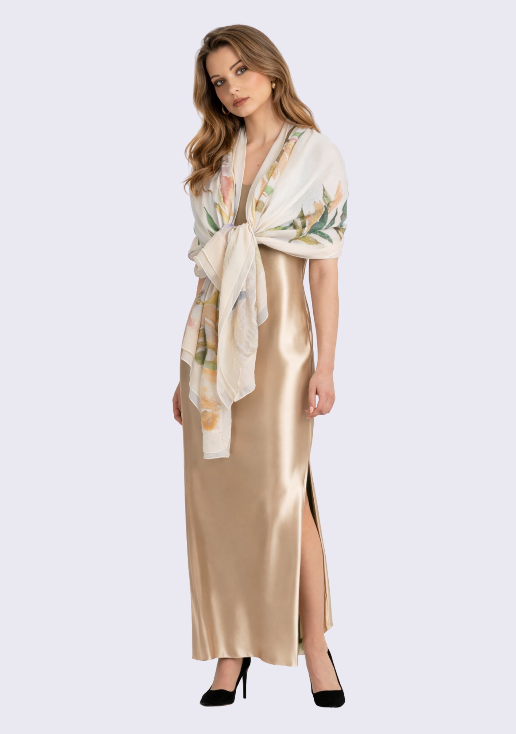 Beige Cashmere Scarf 
Hand-Painted, Frill & Lace