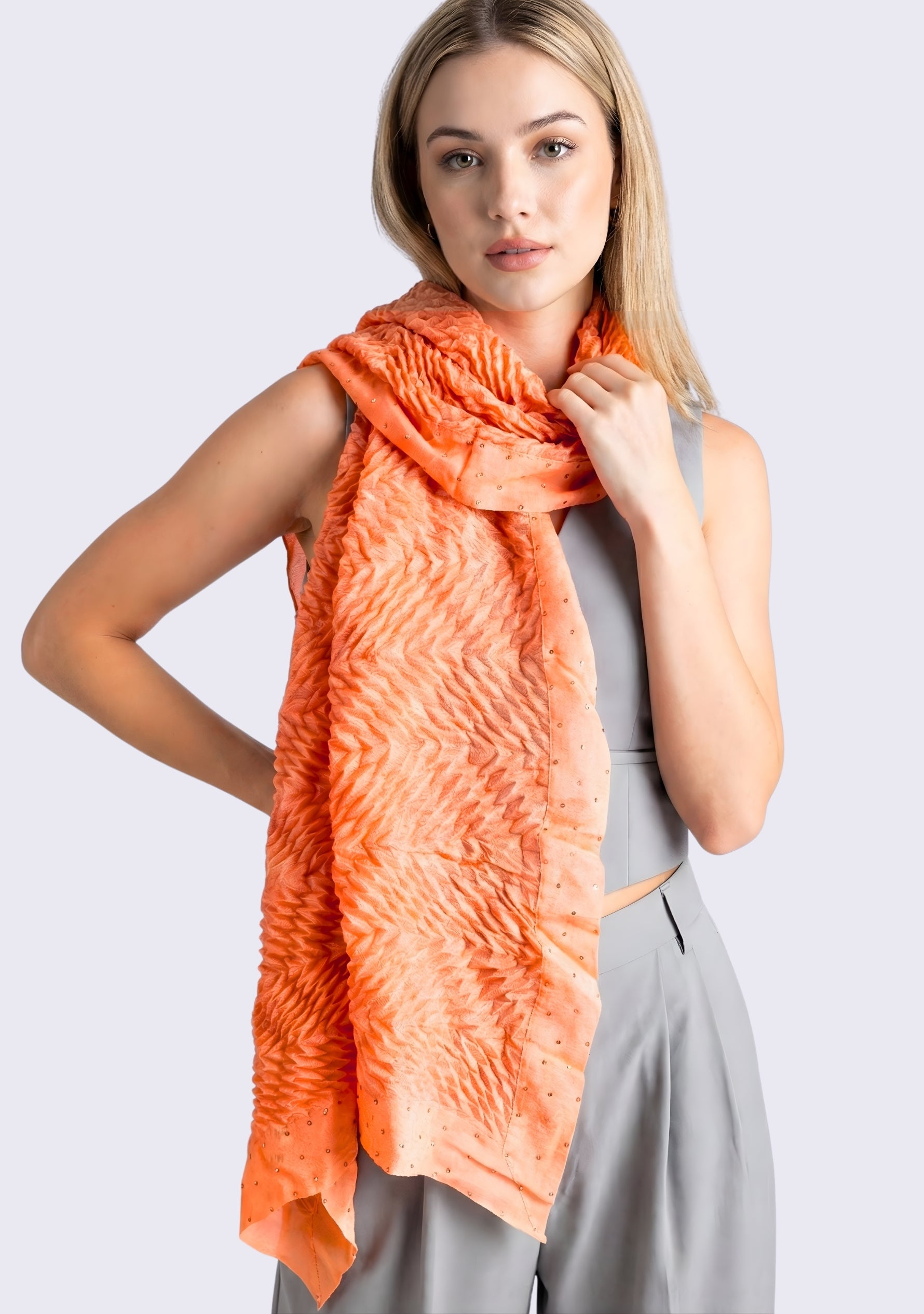 Salmon Pleated Wool & Silk Scarf
Crystal Border