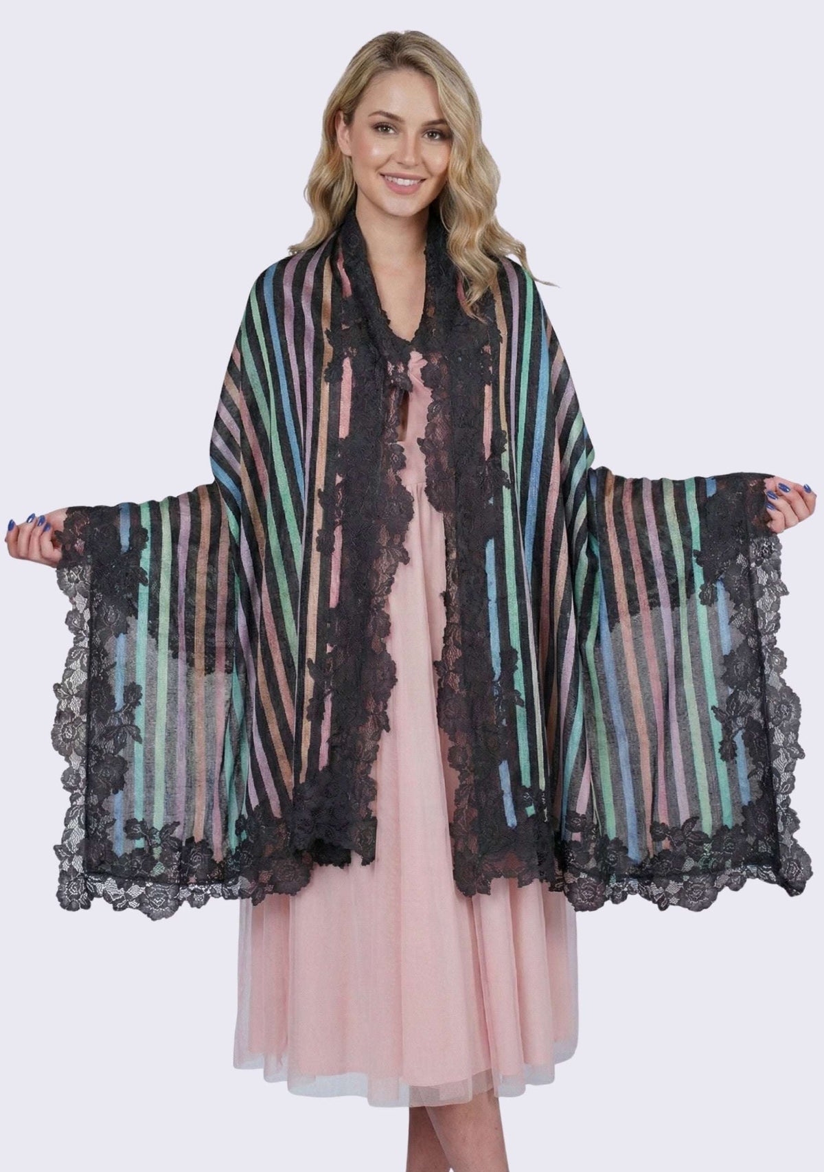 Charcoal Pastel Wool & Silk Multi-Pastel Striped Scarf 
Charcoal Floral Lace