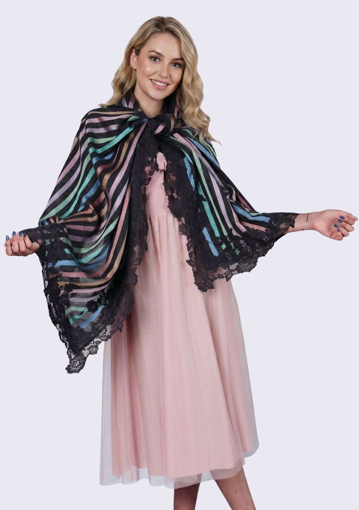 Charcoal Pastel Wool & Silk Multi-Pastel Striped Scarf 
Charcoal Floral Lace