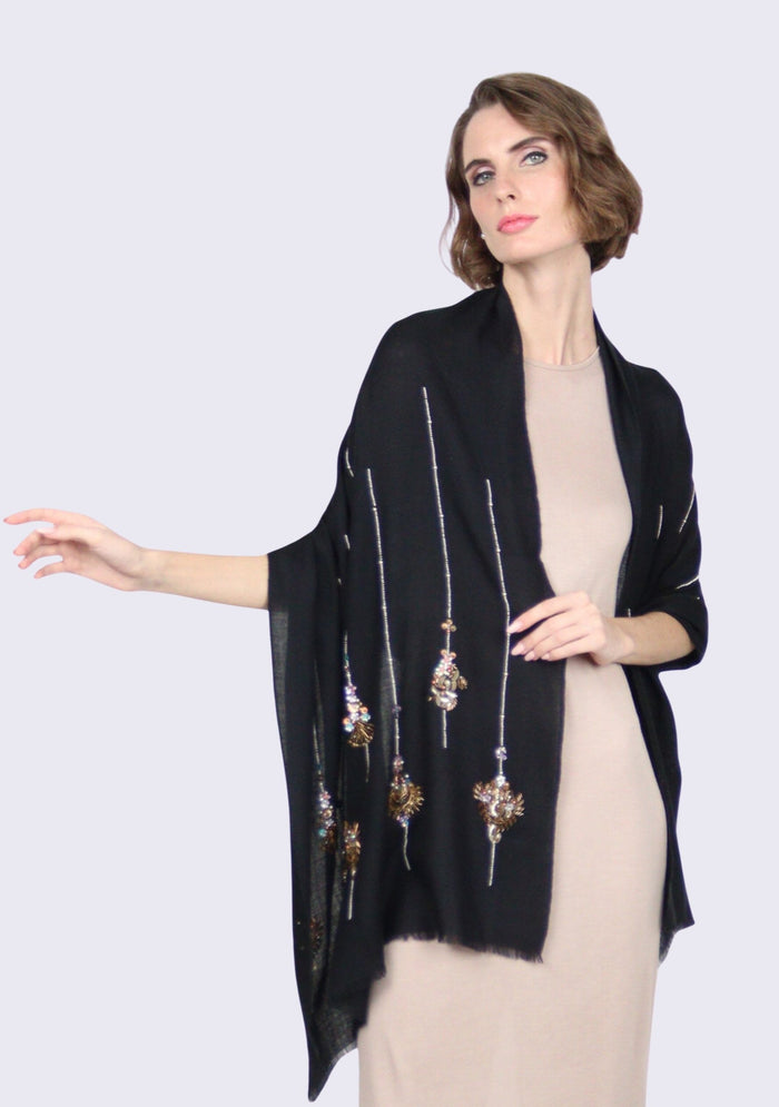 Black Cashmere Scarf 
Metallic Bead Embroidery