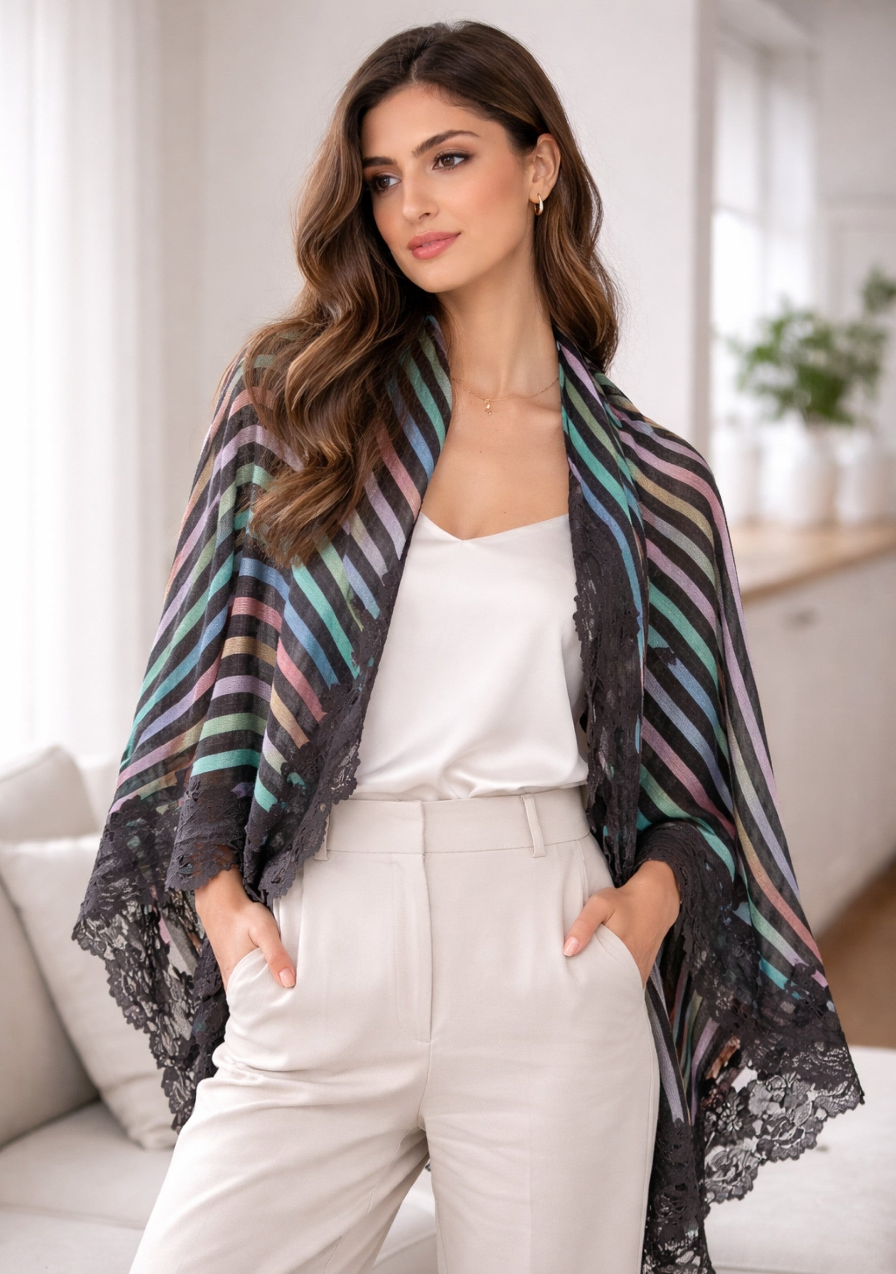 Charcoal Pastel Wool & Silk Multi-Pastel Striped Scarf 
Charcoal Floral Lace