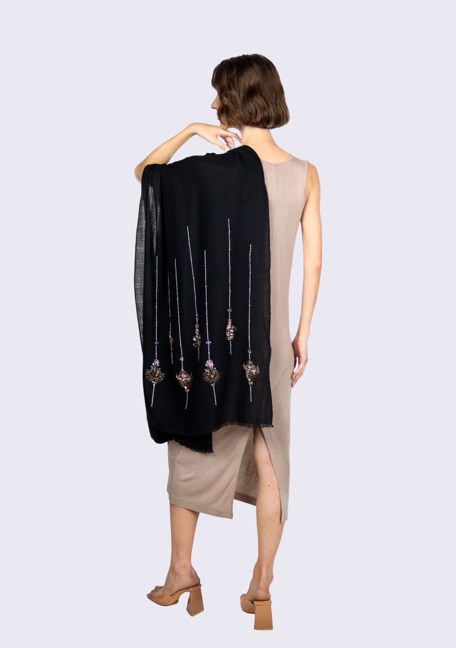 Black Cashmere Scarf 
Metallic Bead Embroidery