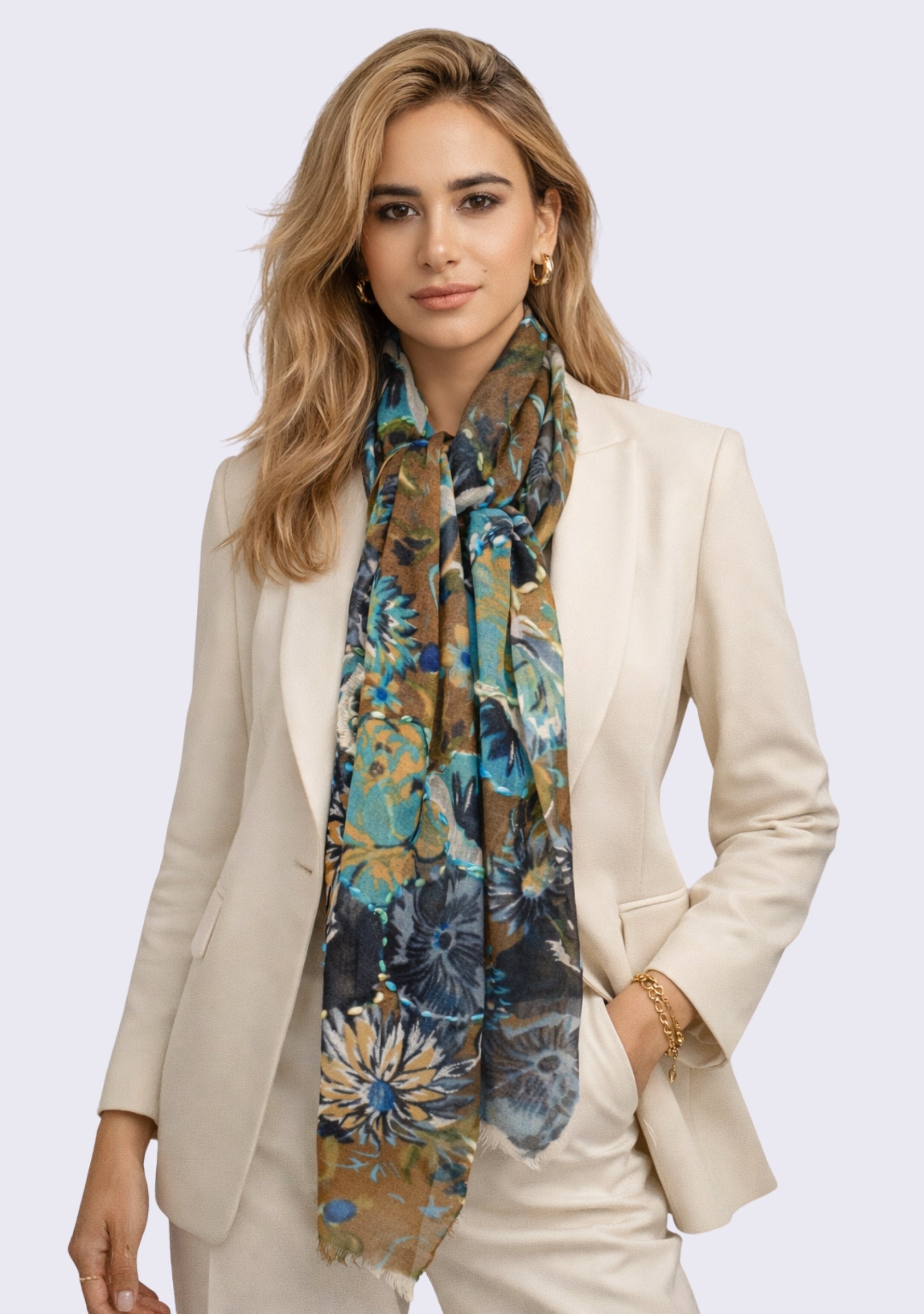 Khaki Wool Scarf 
Cluster Print & Multi-colored Embroidery