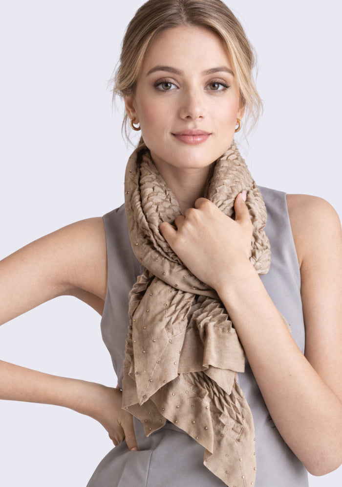 Natural Pleated Wool & Silk Scarf Crystal Border