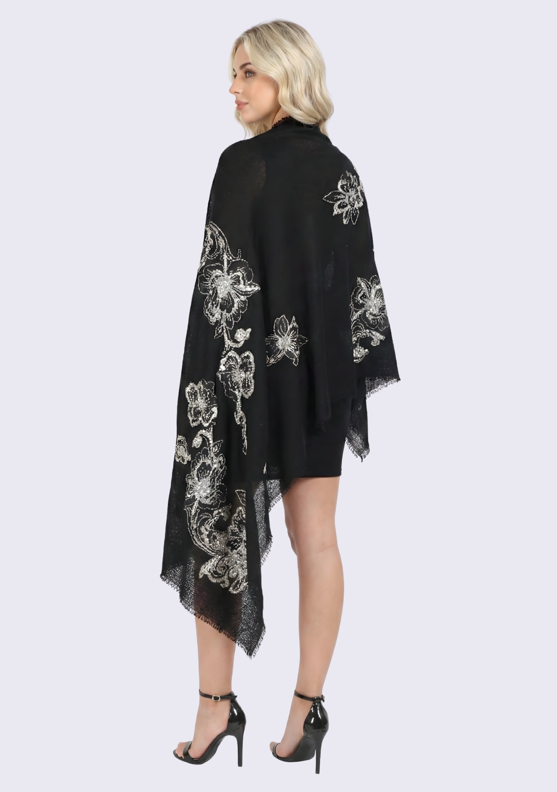 Black Cashmere Scarf Black & Silver Appliques