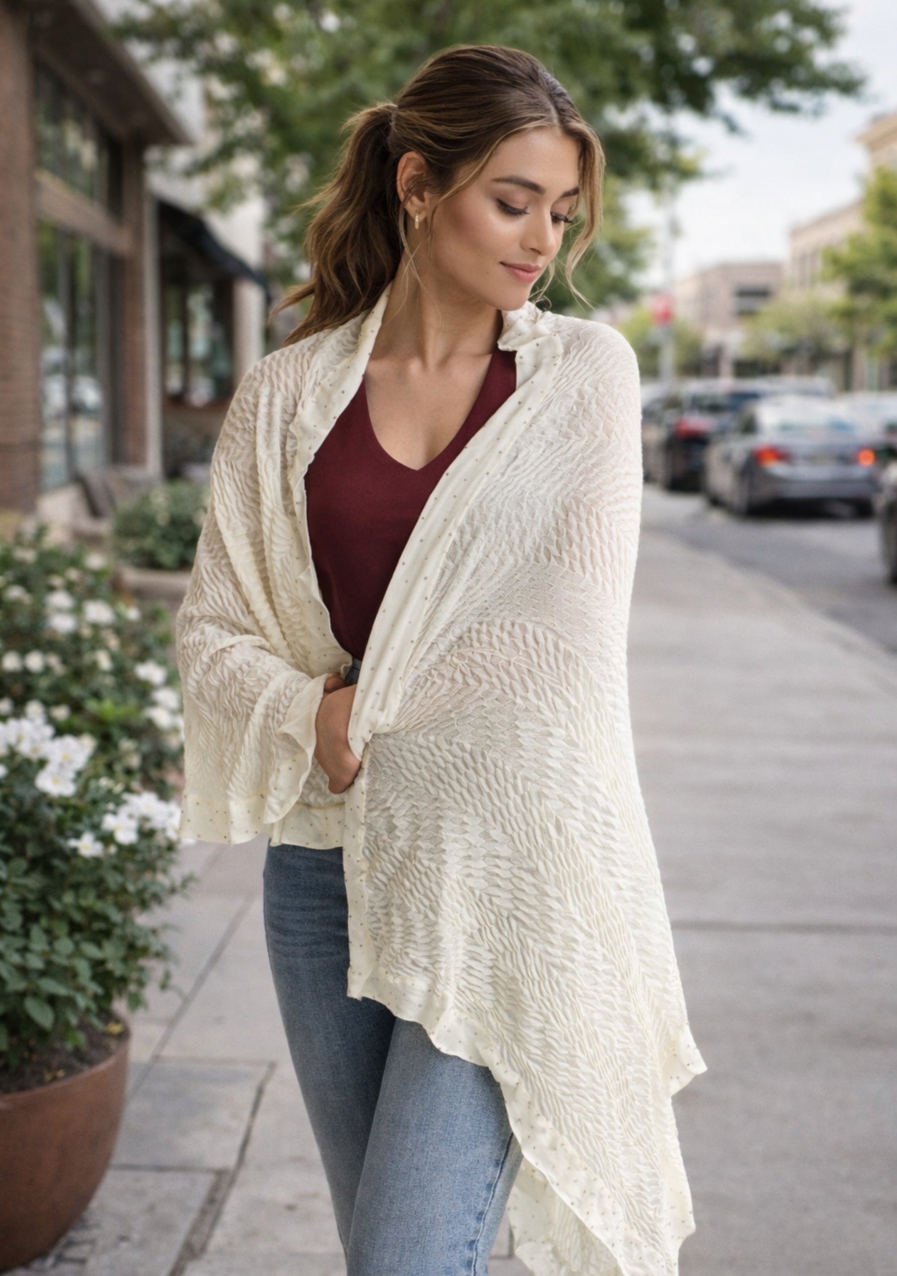 Ivory Pleated Wool & Silk Scarf Ivory Georgette & Crystal Border