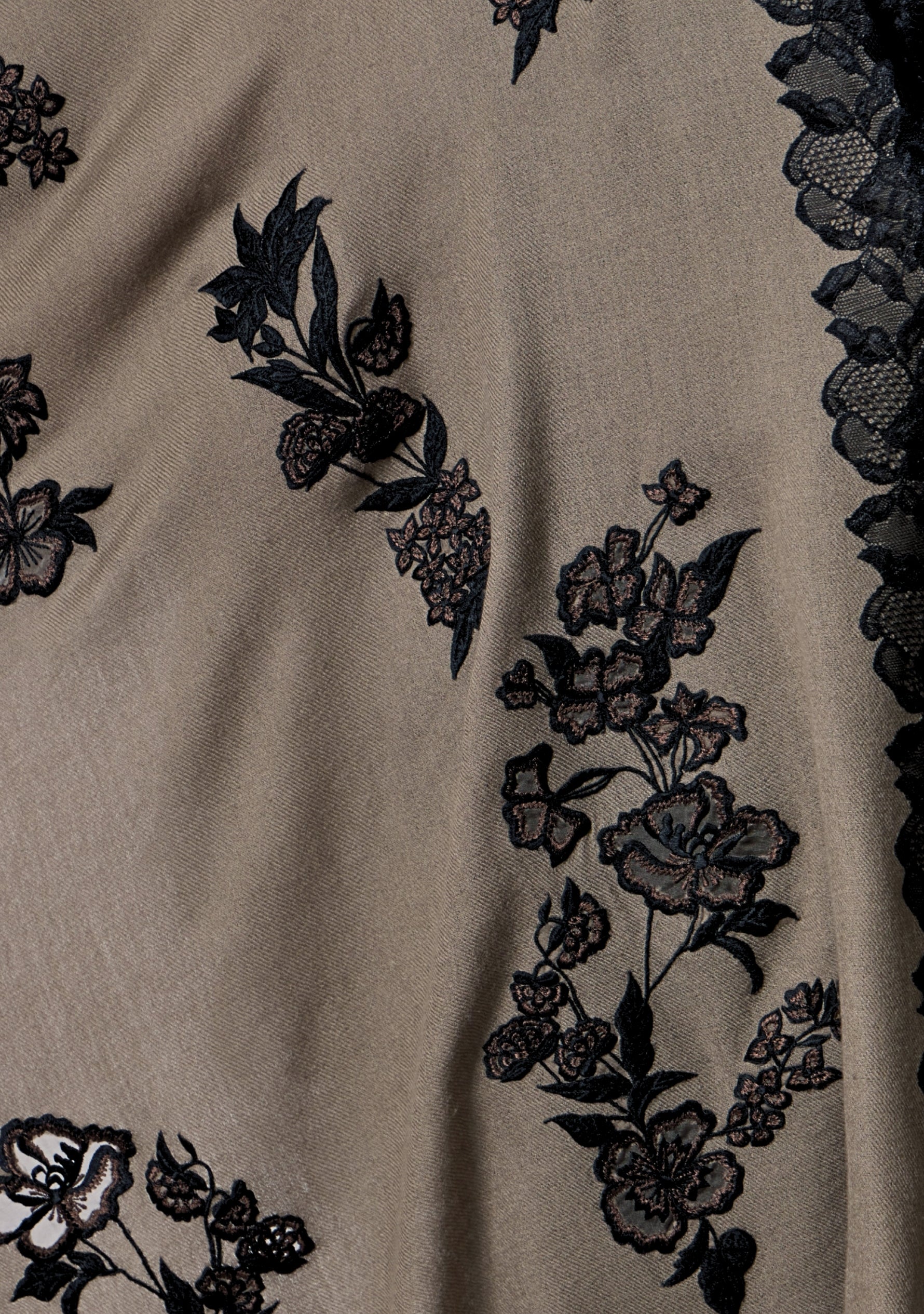 Taupe Cashmere Scarf Black & Taupe Floral Embroidery & Black Filigree Lace