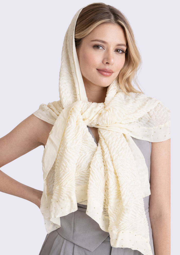 Ivory Pleated Wool & Silk Scarf Ivory Georgette & Crystal Border