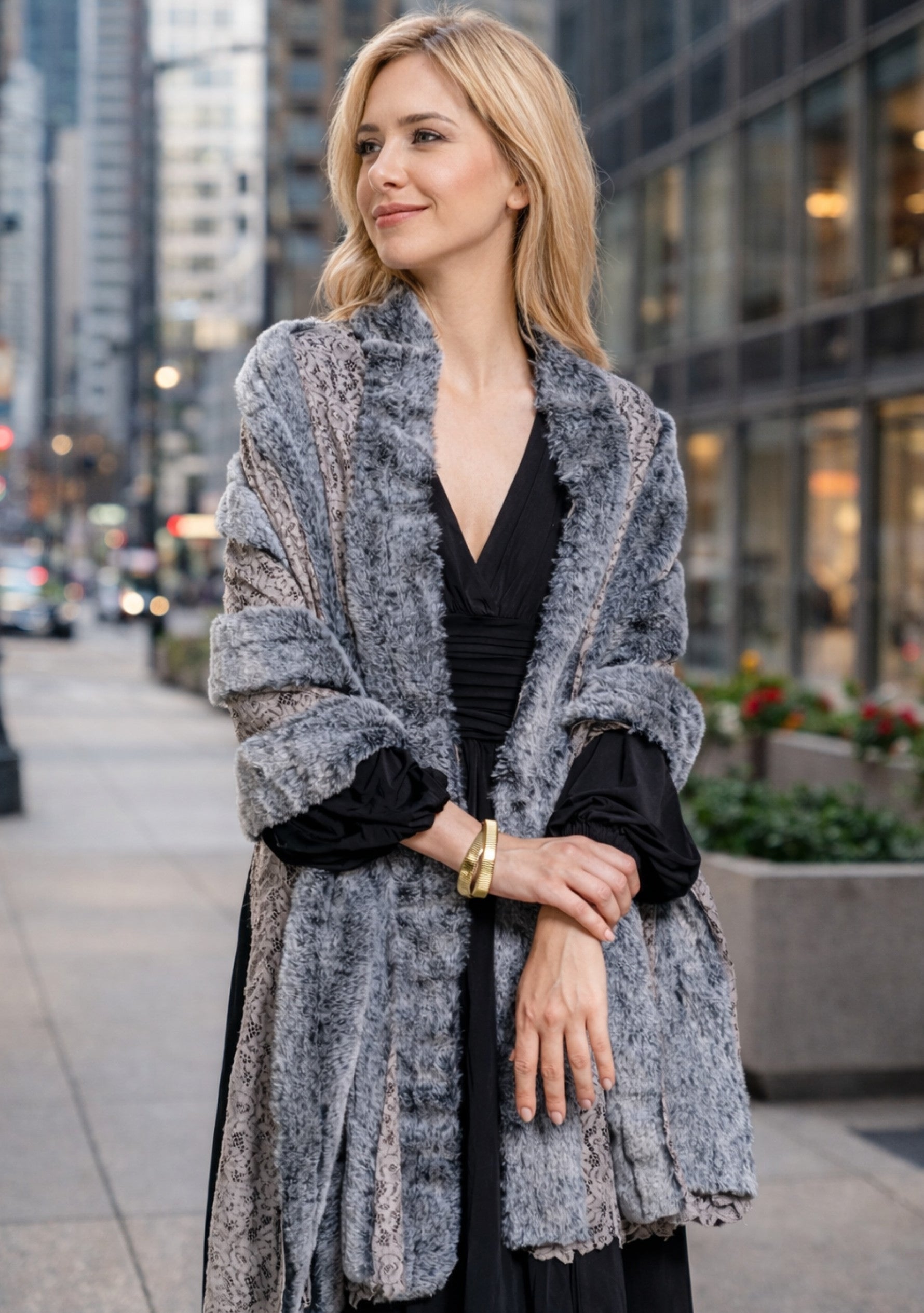 Gray Floral Lace ScarfTwo-Tone Gray Faux Fur