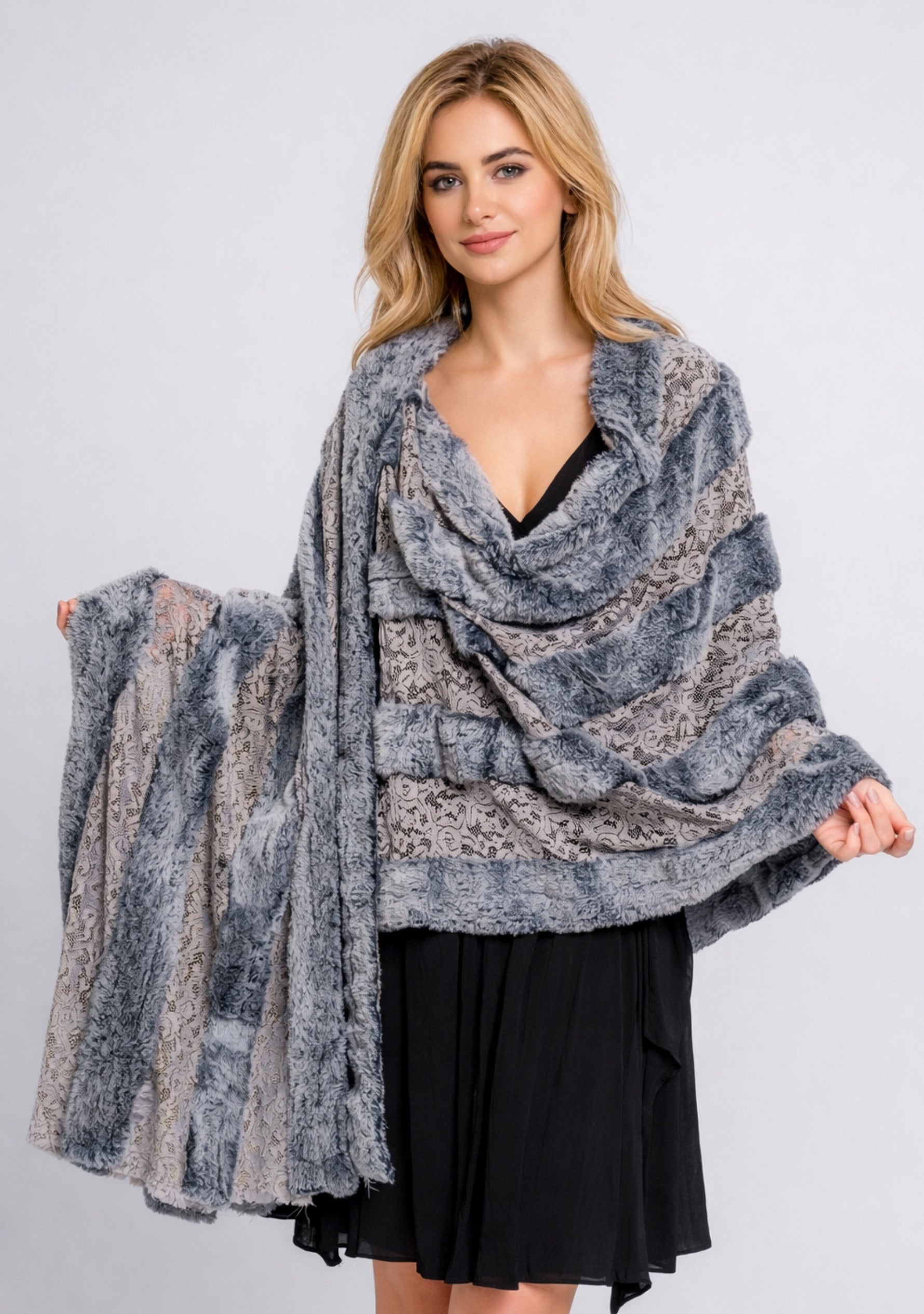 Gray Floral Lace ScarfTwo-Tone Gray Faux Fur