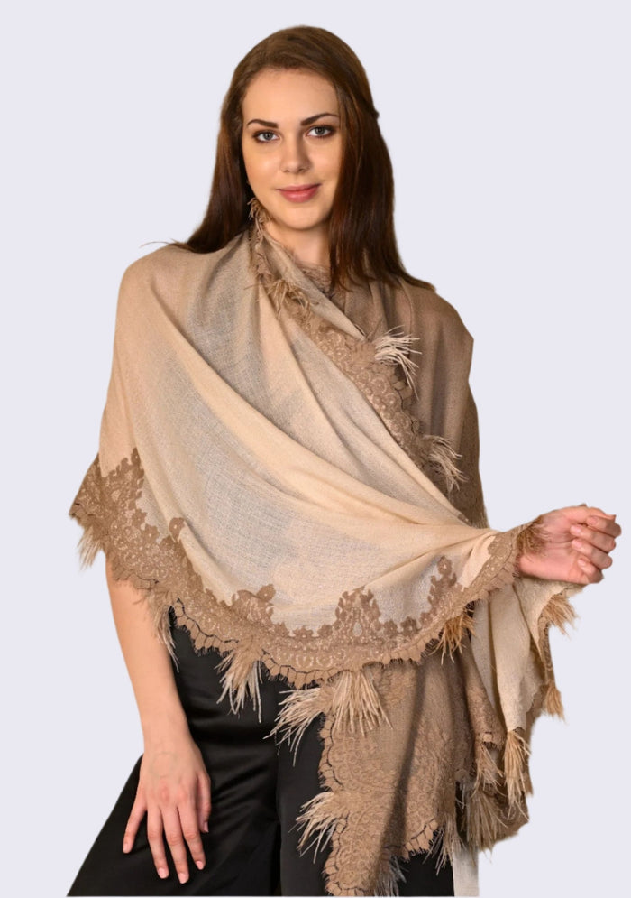 Beige Cashmere Scarf Dk. Beige Lace & Beige Feathers