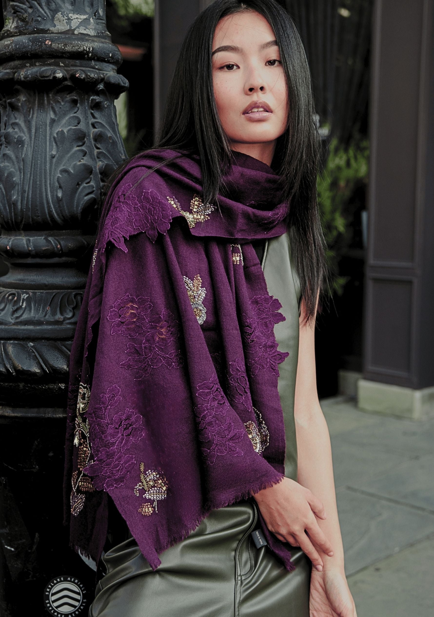 Plum Cashmere Scarf Metallic Hand-Embroidery & Plum Lace
