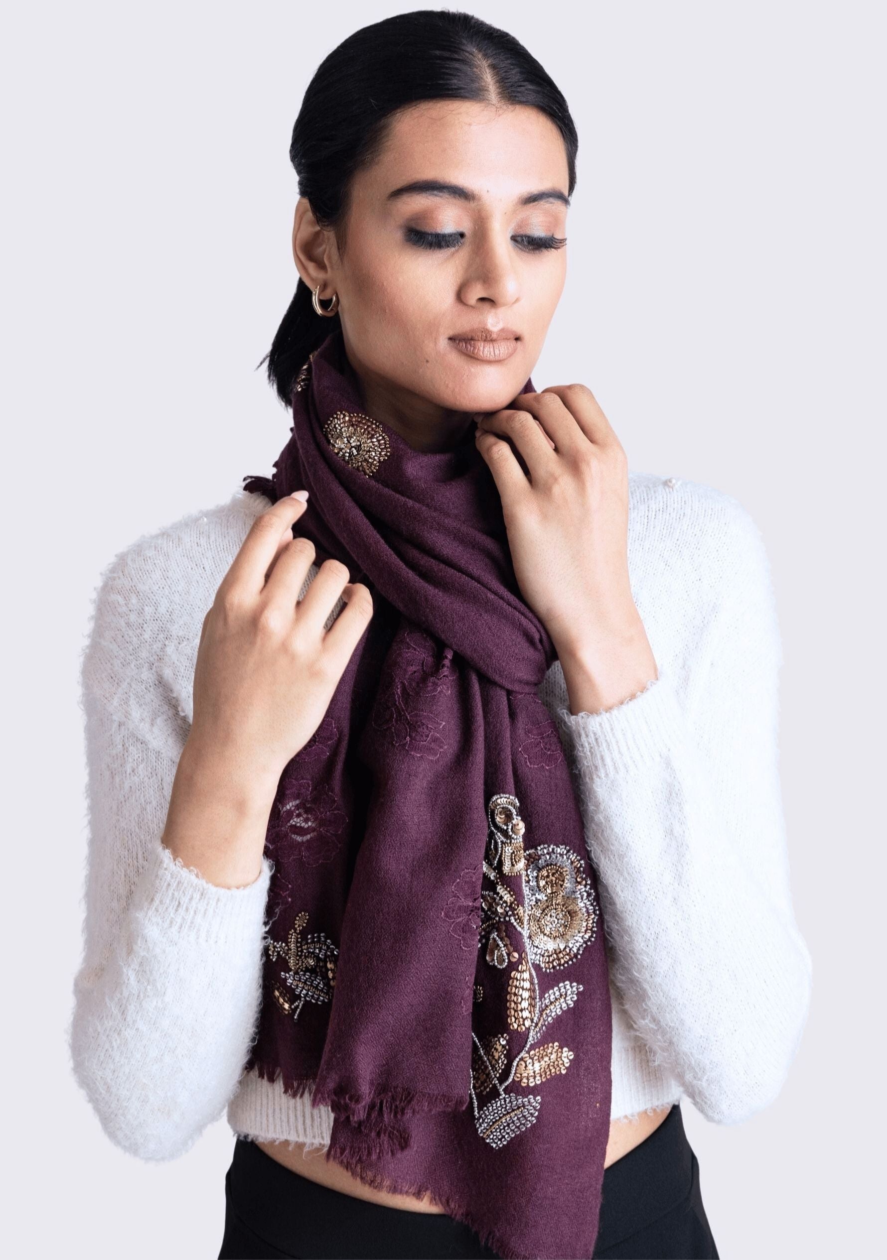 Plum Cashmere Scarf Metallic Hand-Embroidery & Plum Lace