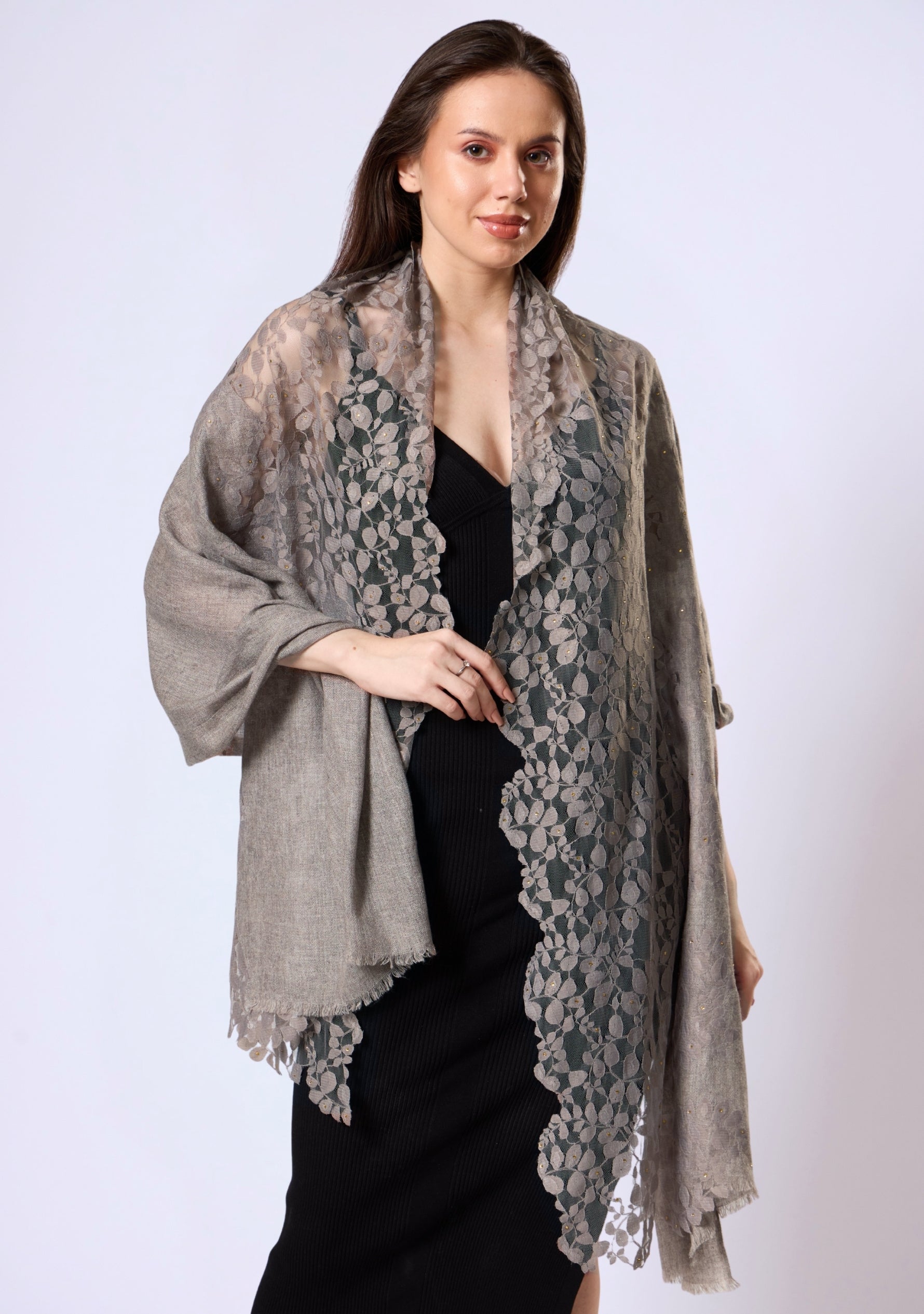 Natural Melange Wool Scarf Natural Lace & Gold Swarovski