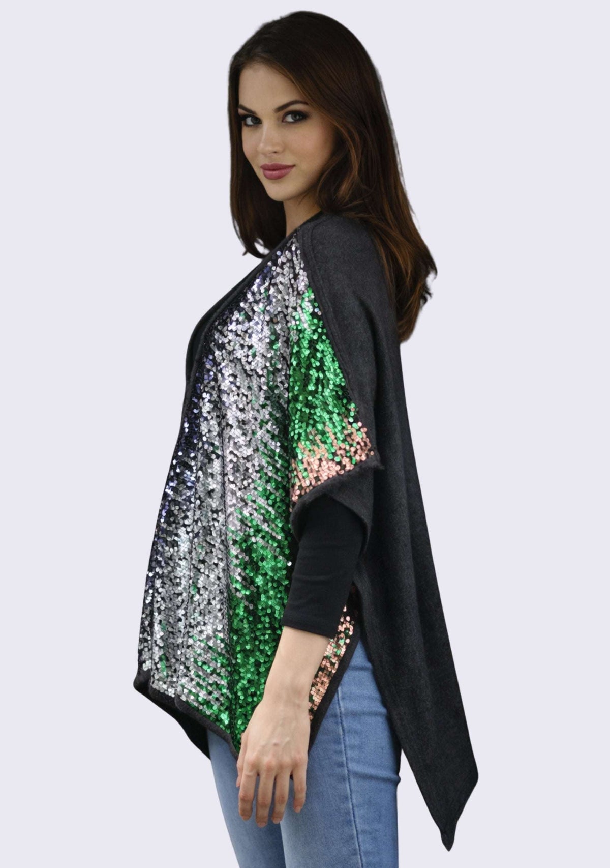 Multi-Colored Sequin & Charcoal Melange Wool Cape