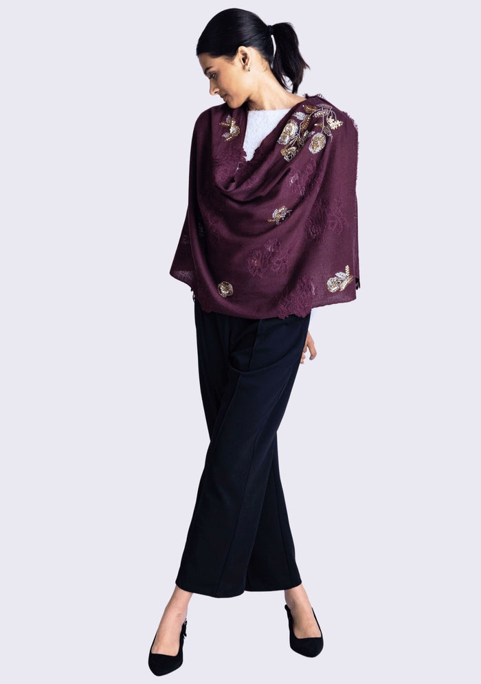 Plum Cashmere Scarf Metallic Hand-Embroidery & Plum Lace