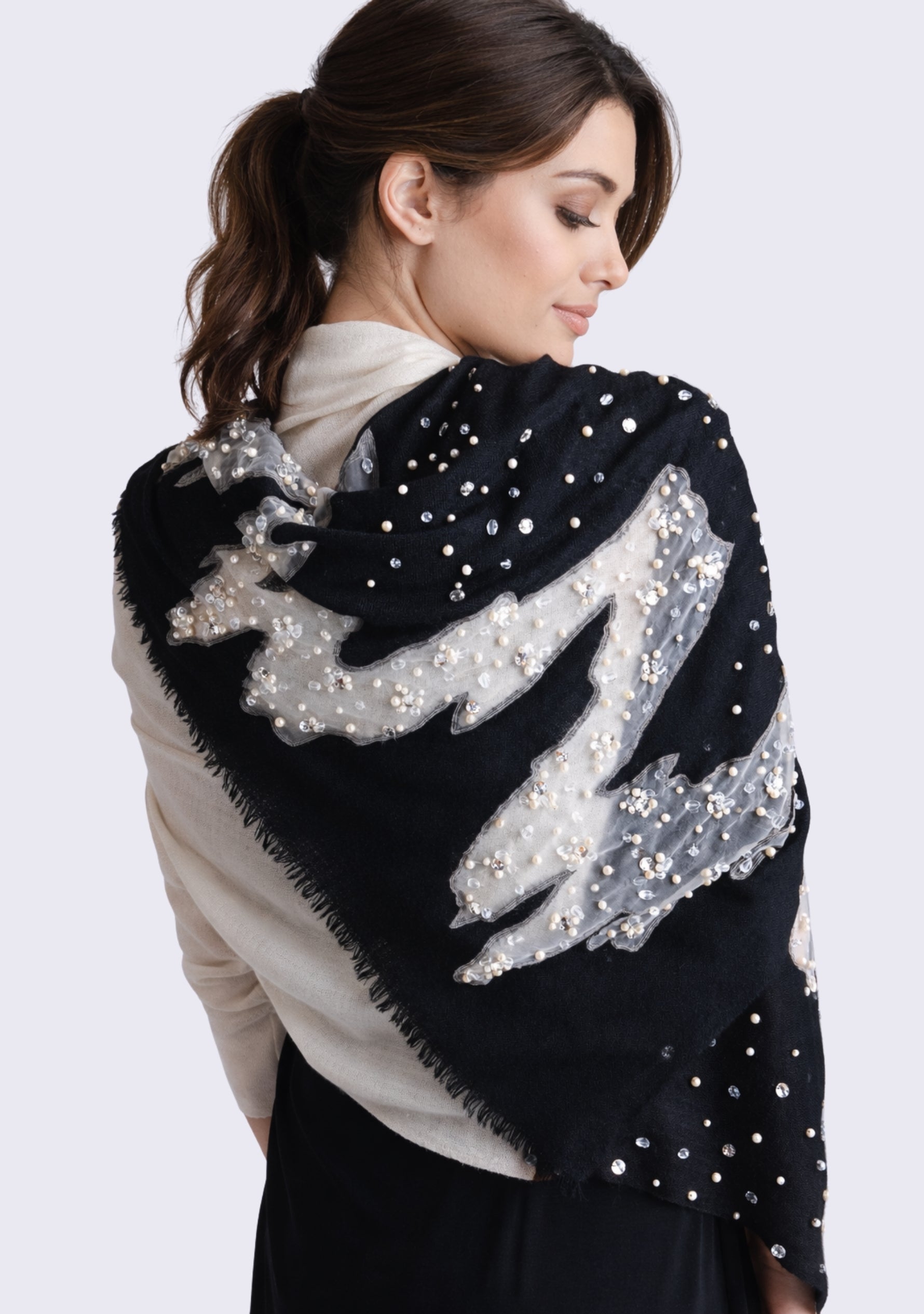 Black-Ivory Cashmere Scarf Silver Rhinestones & White Pearls