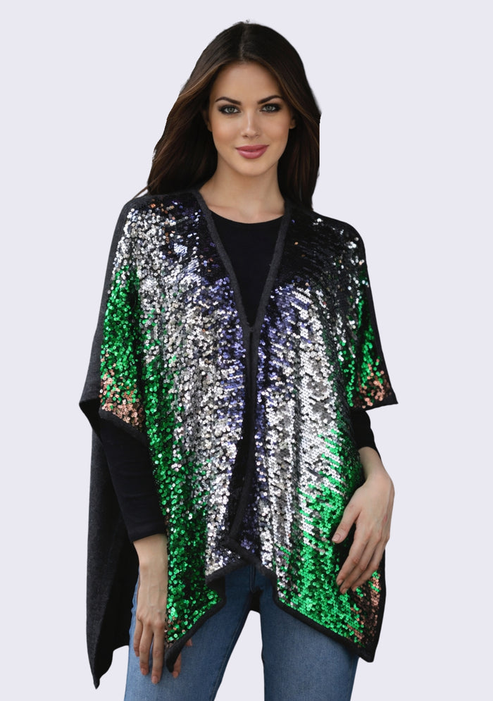 Multi-Colored Sequin & Charcoal Melange Wool Cape