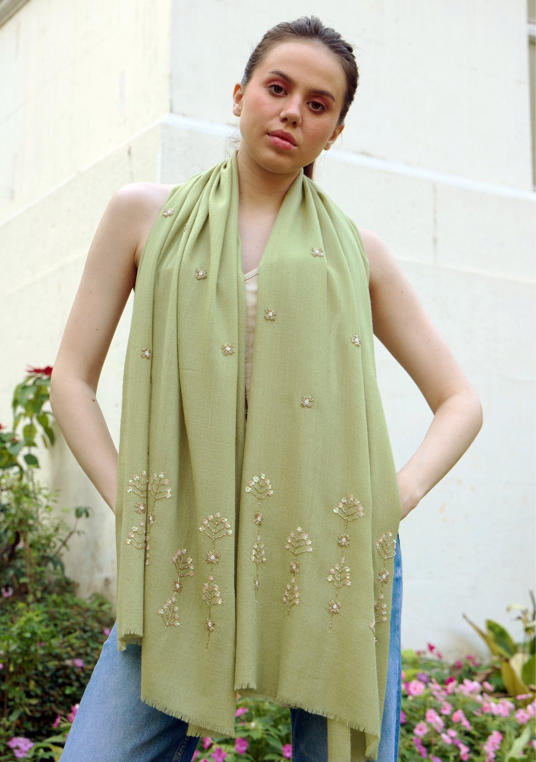 Fern Green Cashmere Scarf  Metallic Bead & Sequin Embroidery