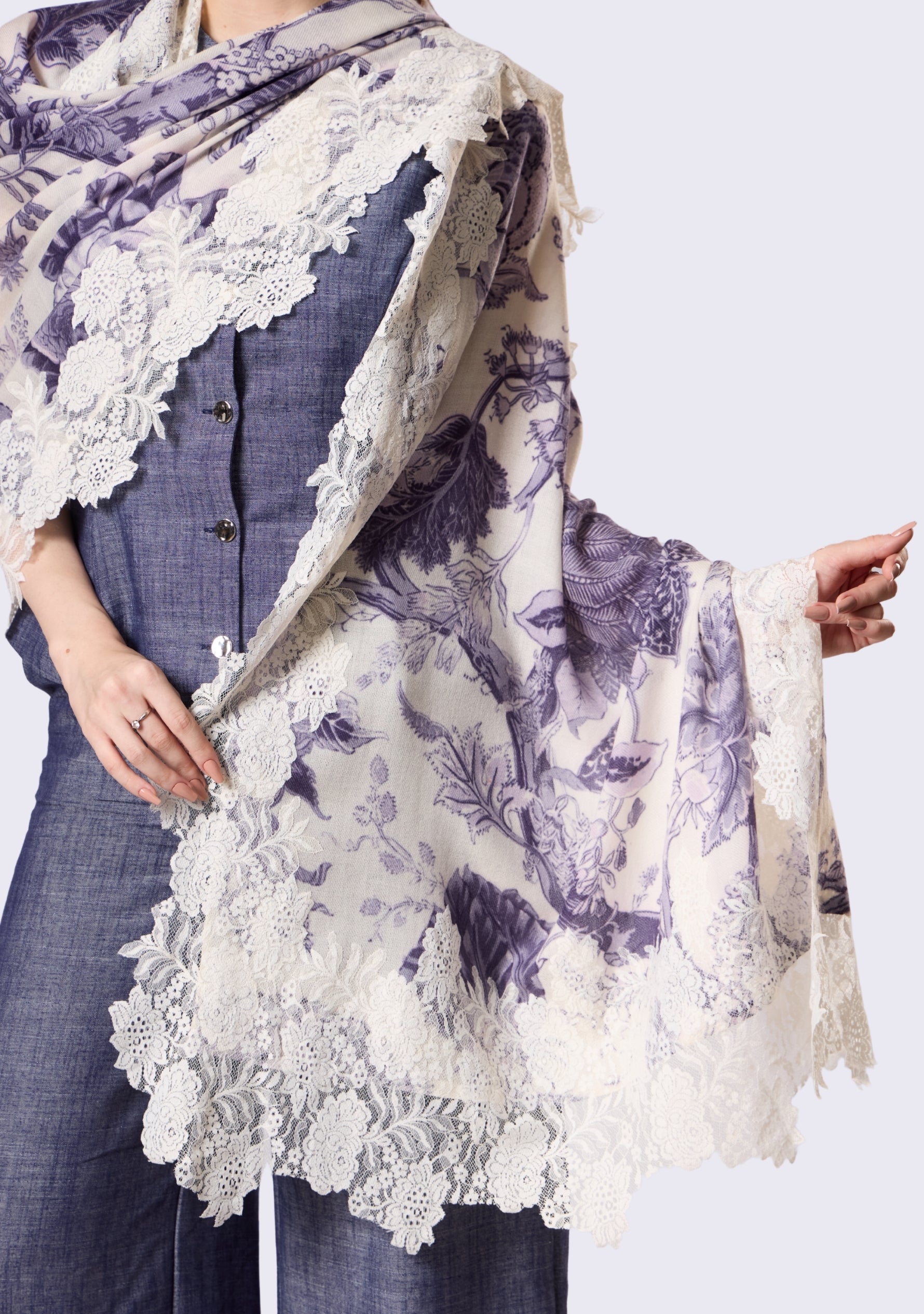 Violet Jacobean Print Wool & Silk Scarf Ivory Lace