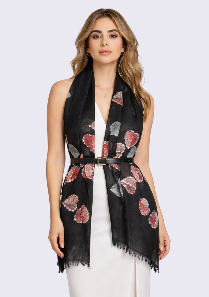 Black Wool Scarf 
Ficus Print & Multi-colored Embroidery