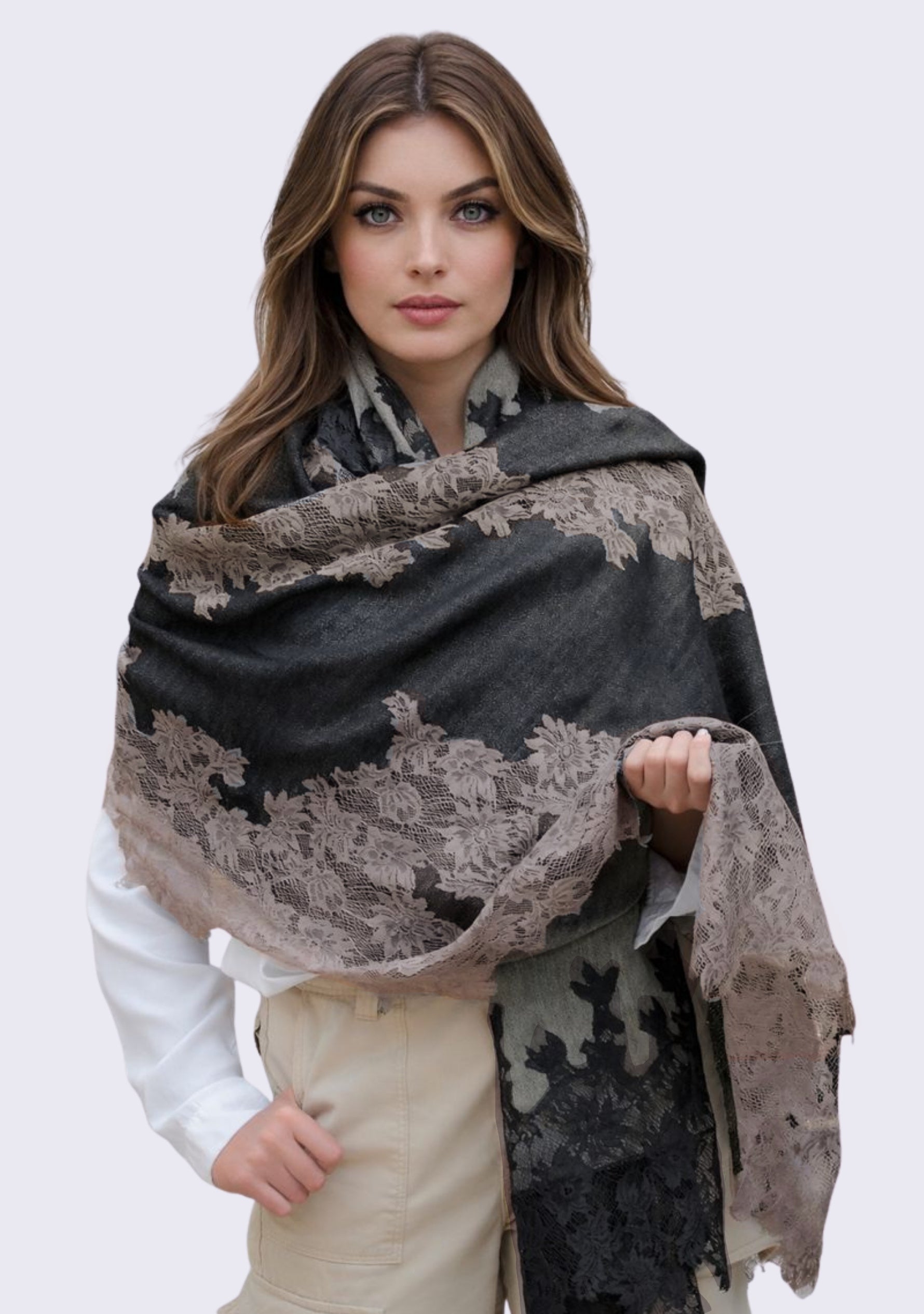 Black & Taupe Reversible Wool & Silk Scarf Black & Taupe Lace