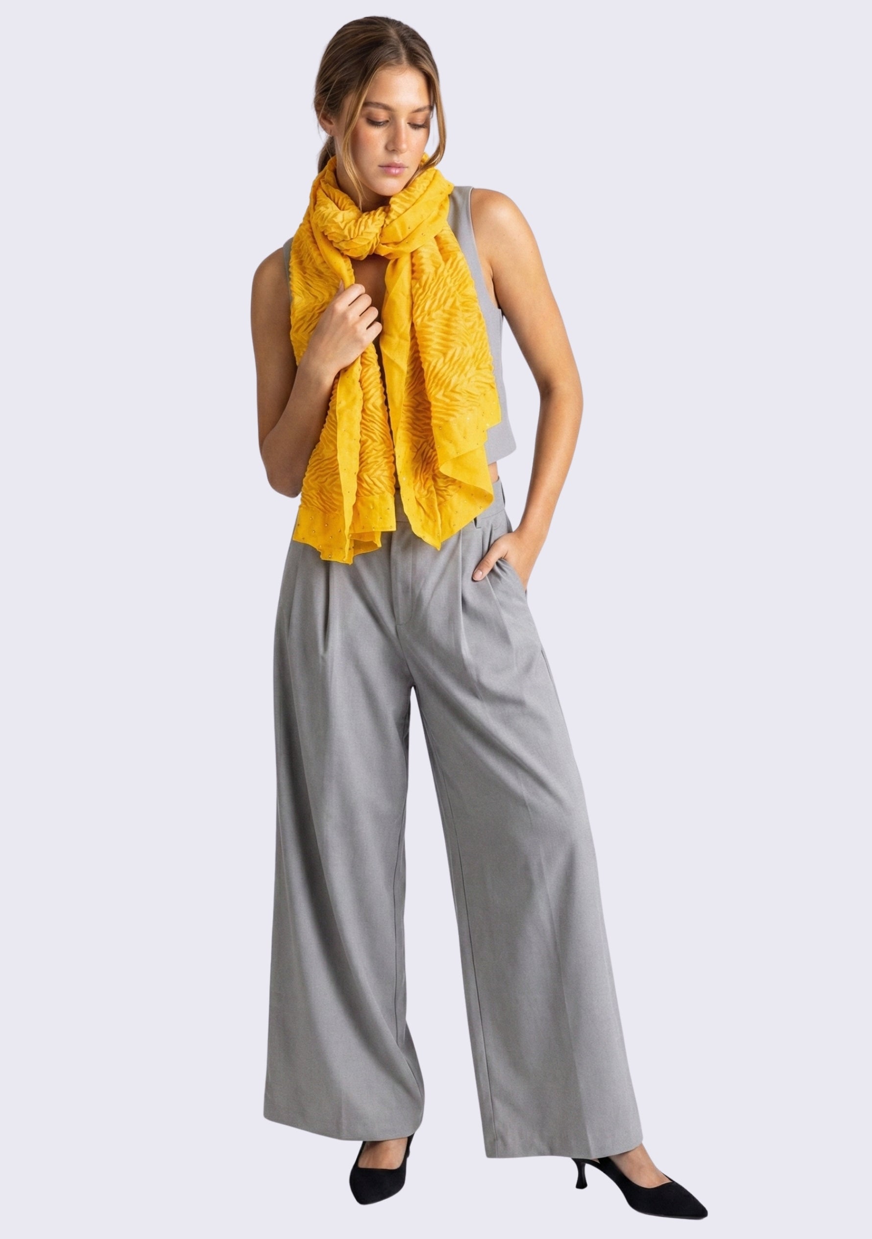 Butterscotch Pleated Wool & Silk Scarf Crystal Border