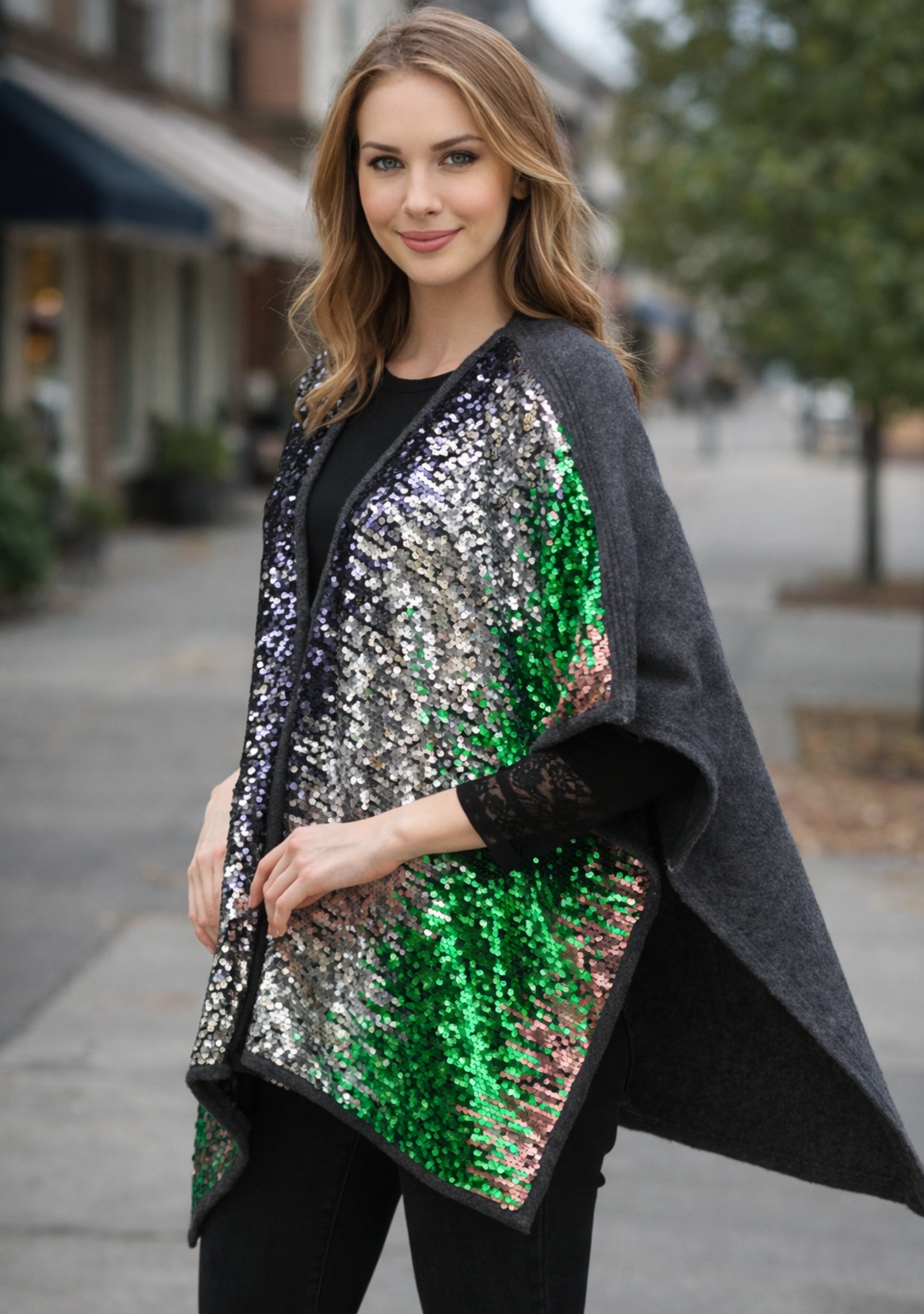 Multi-Colored Sequin & Charcoal Melange Wool Cape