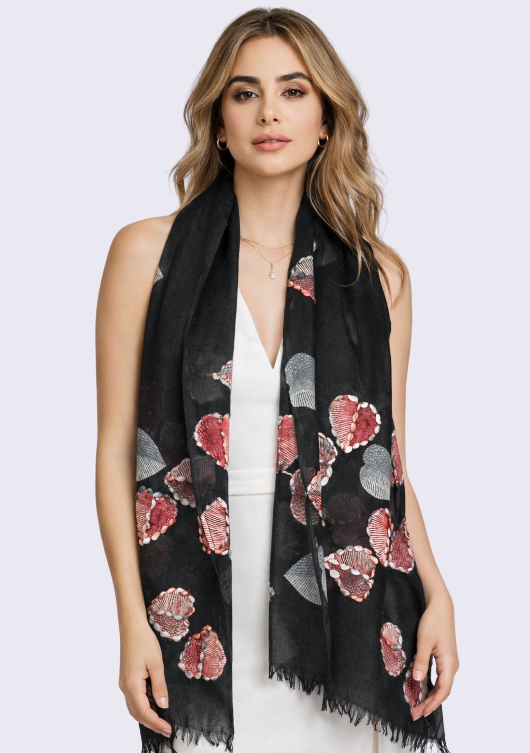 Black Wool Scarf 
Ficus Print & Multi-colored Embroidery