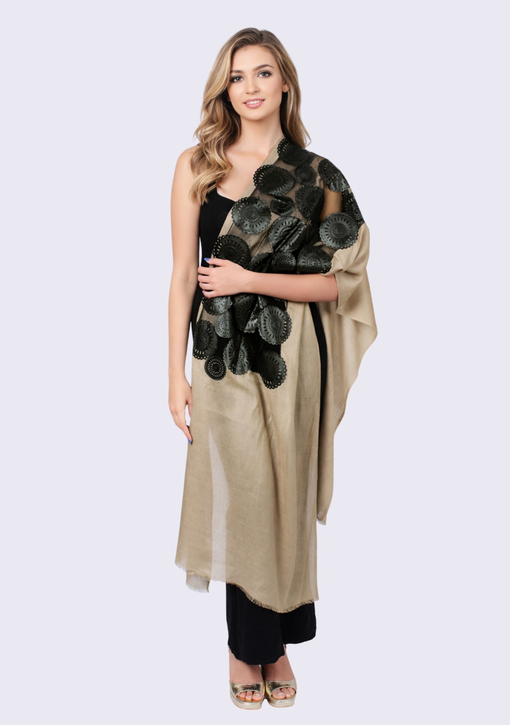 Taupe Modal Scarf Black Faux Leather Applique