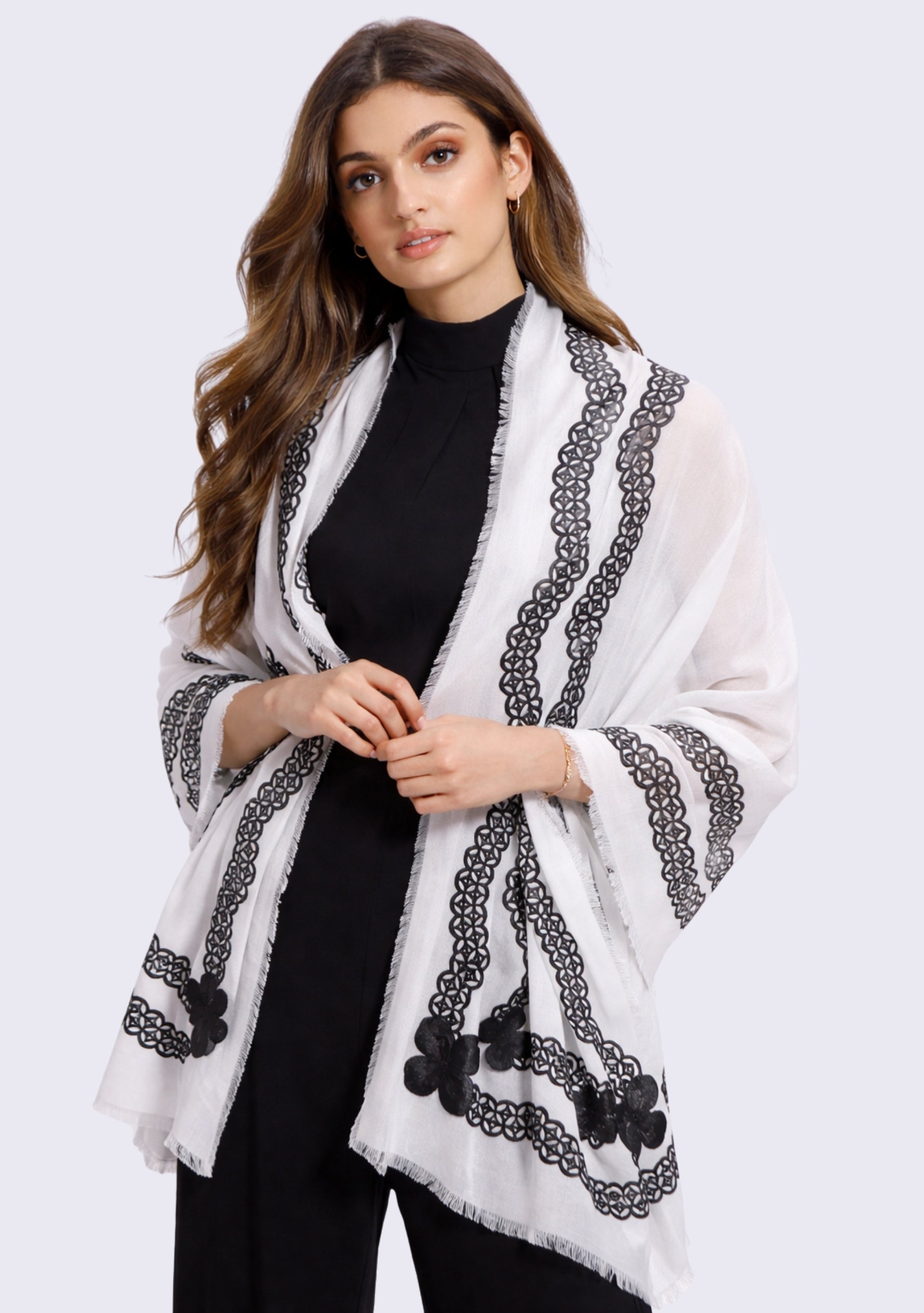 Ivory Modal Scarf Black Faux Leather Applique