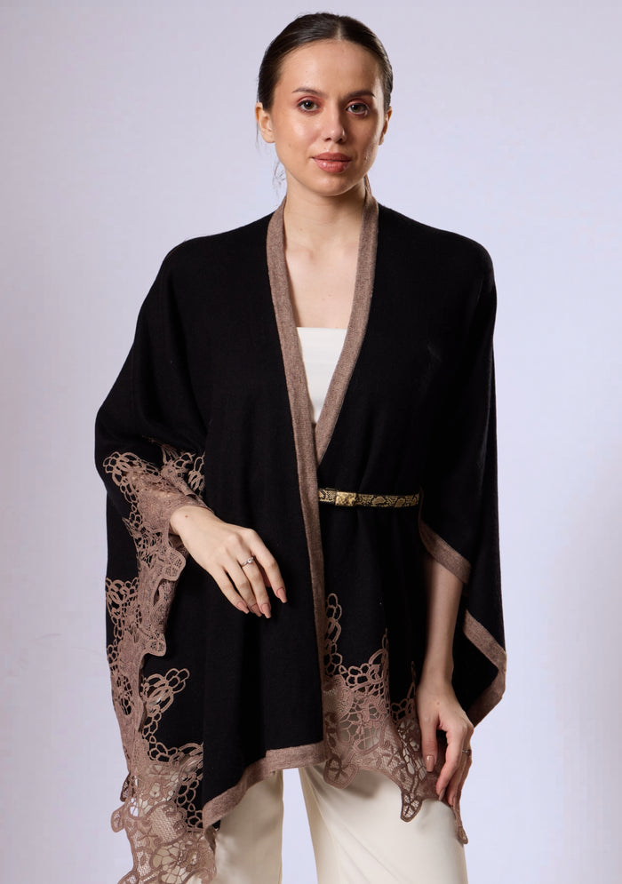 Black Wool Cape  Taupe Lace