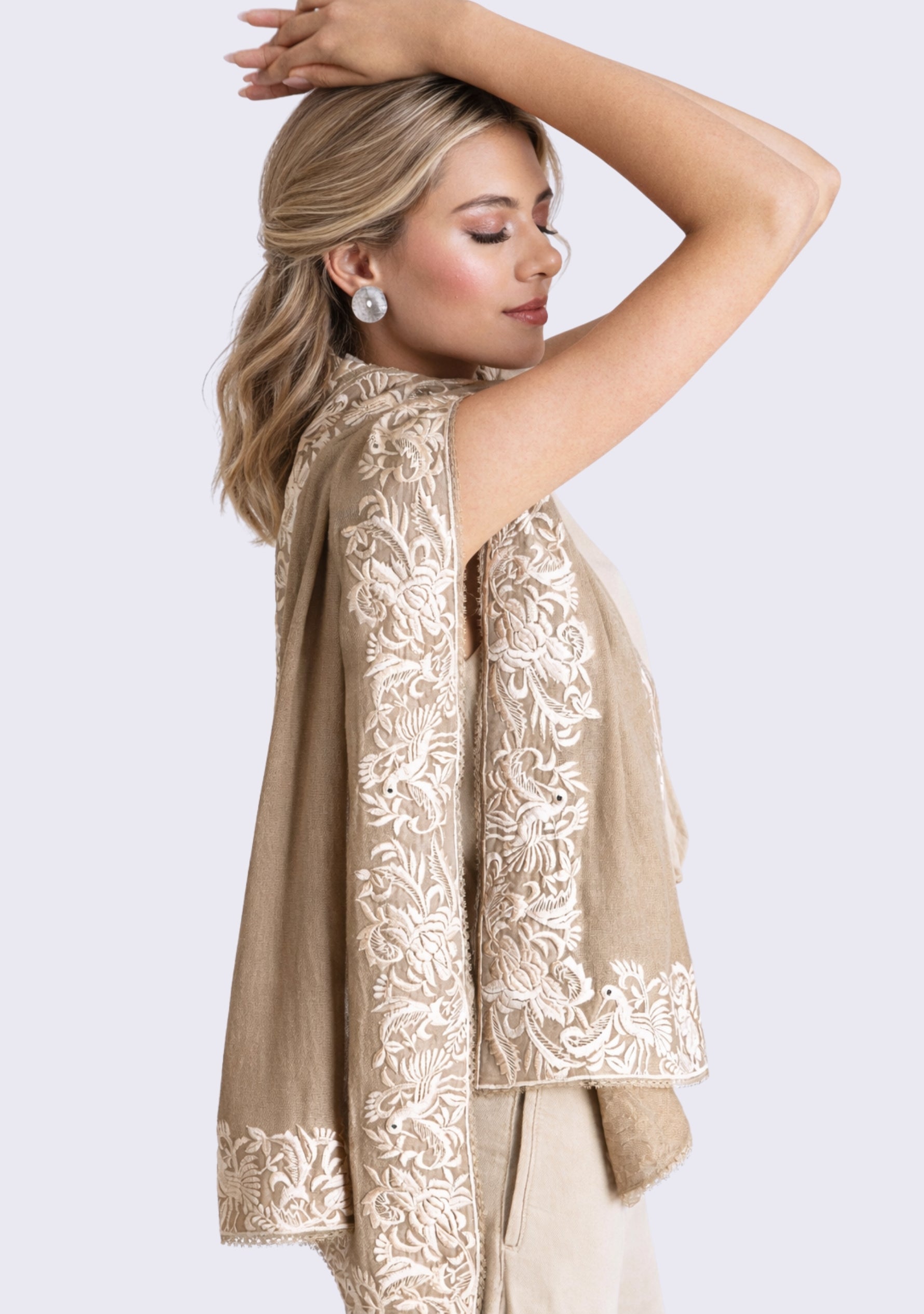 Natural Cashmere Scarf Beige Embroidery & Natural Lace