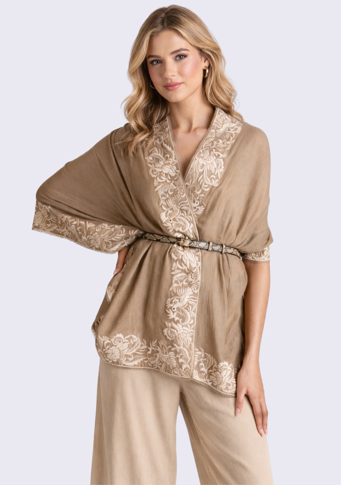 Natural Cashmere Scarf Beige Embroidery & Natural Lace