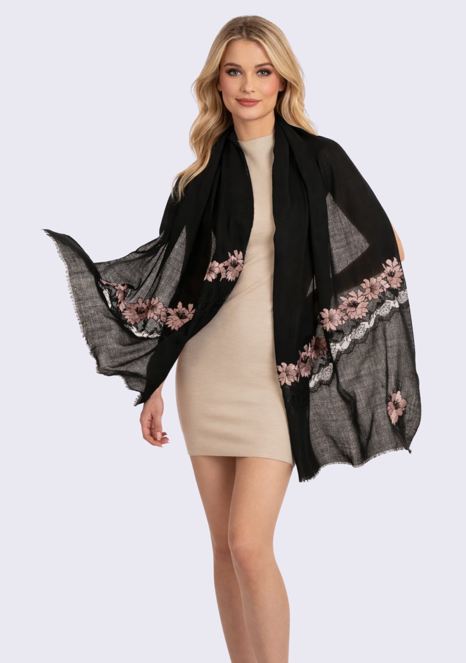 Black Cashmere Scarf 
Lt. Copper Embroidery & Black Lace