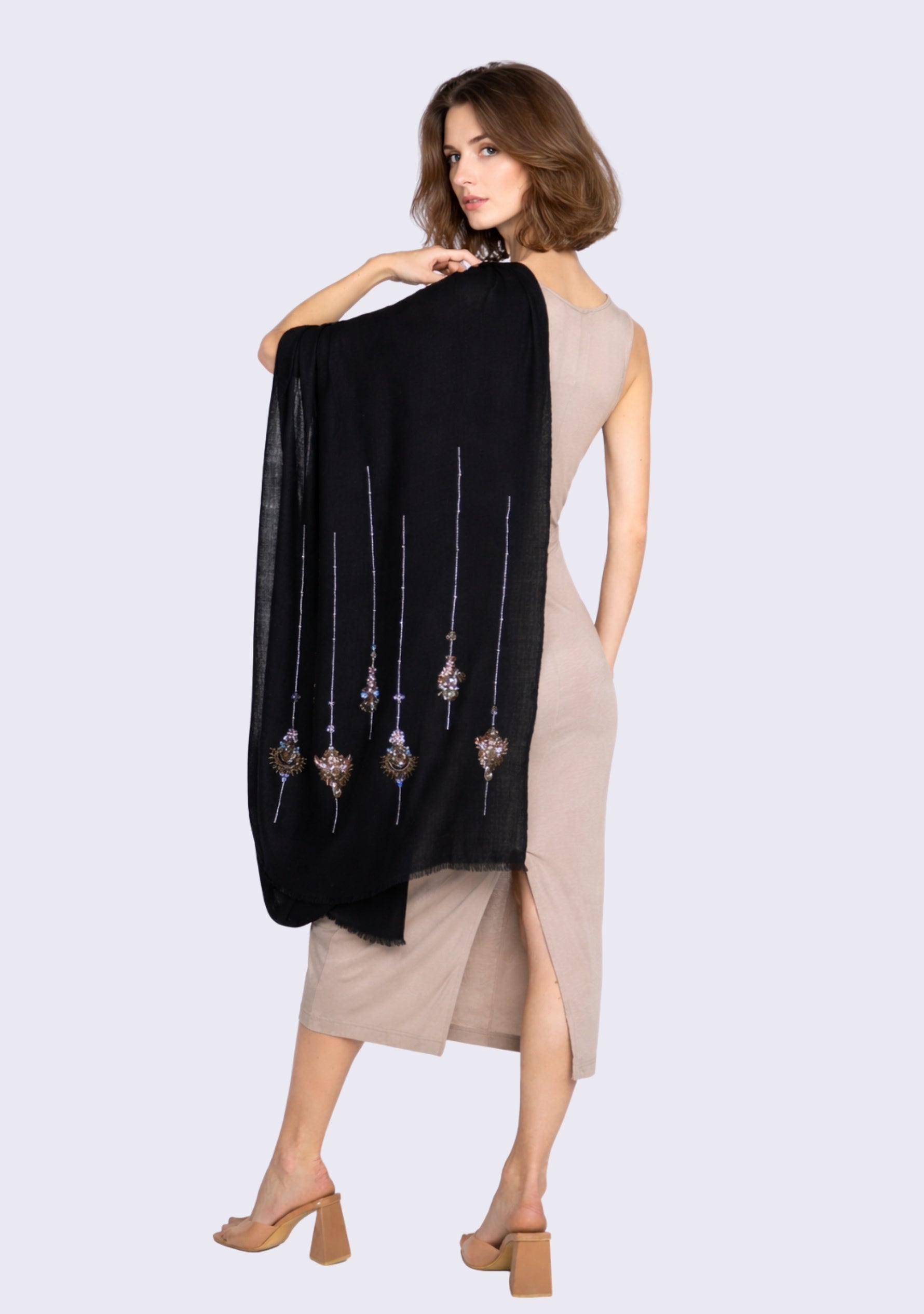 Black Cashmere Scarf 
Metallic Bead Embroidery