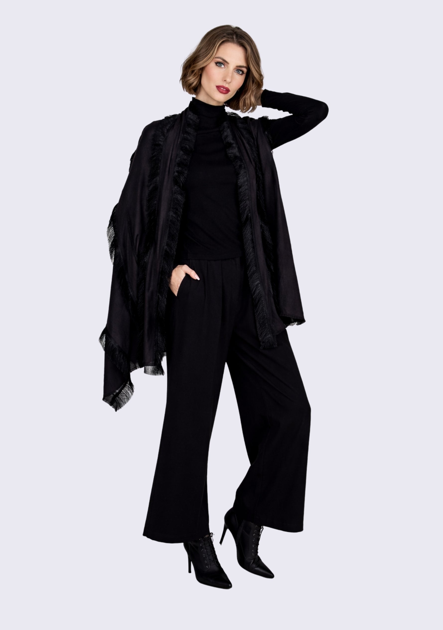 Charcoal Wool & Silk Scarf 
Black Fringe Panels