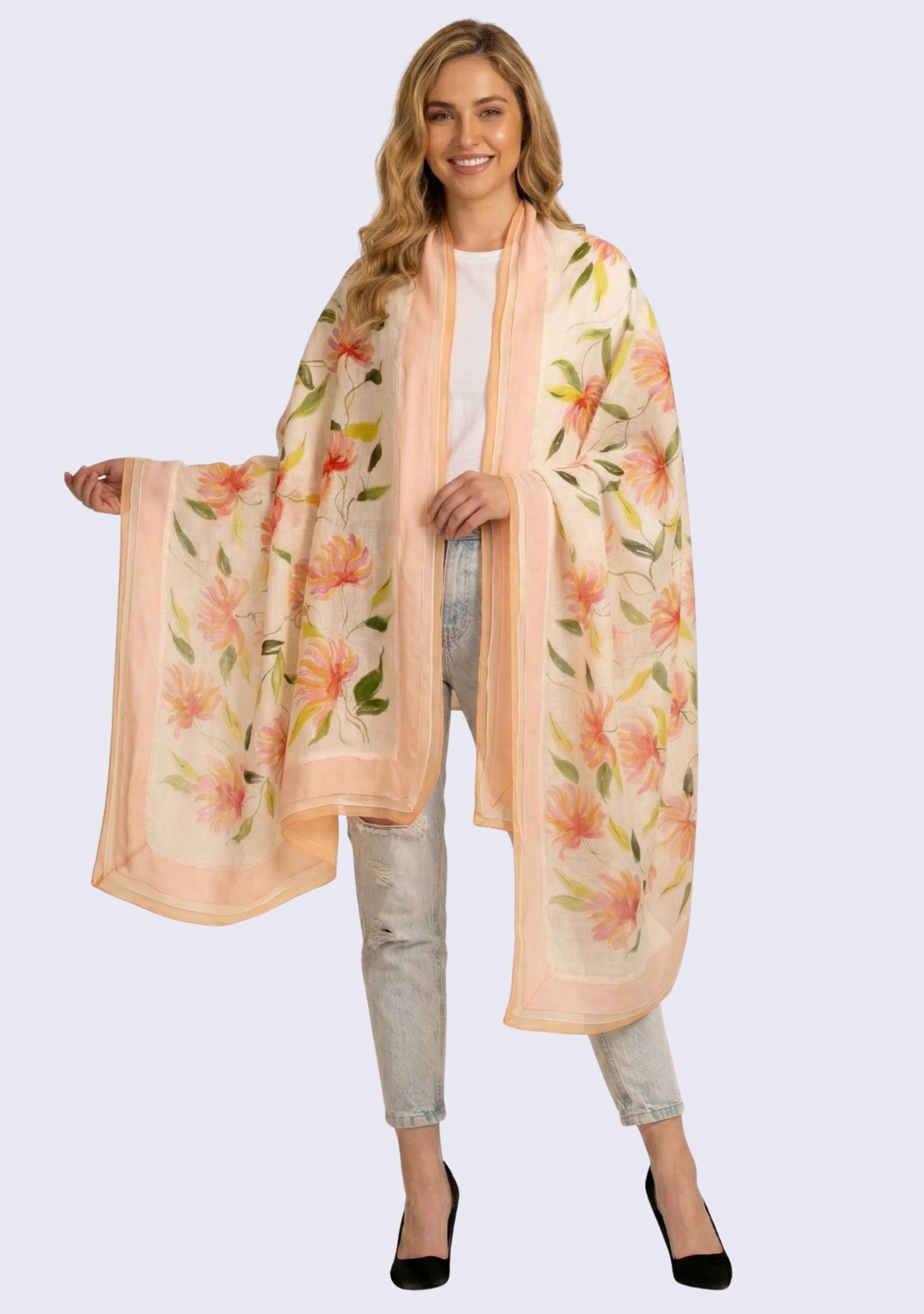 Ivory Linen & Modal Scarf Hand-Painted, Border & Lace Trim